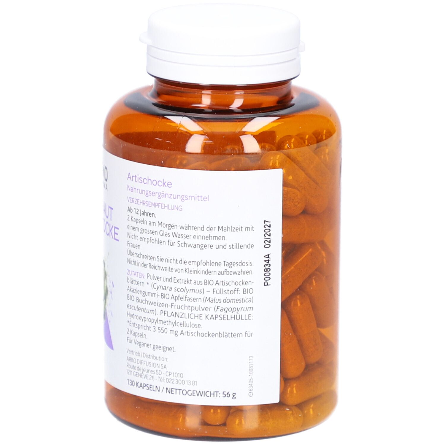 Braune Flasche mit Kapseln. Rückseite mit Text. MHD-Datum. Bio-Zertifizierung.