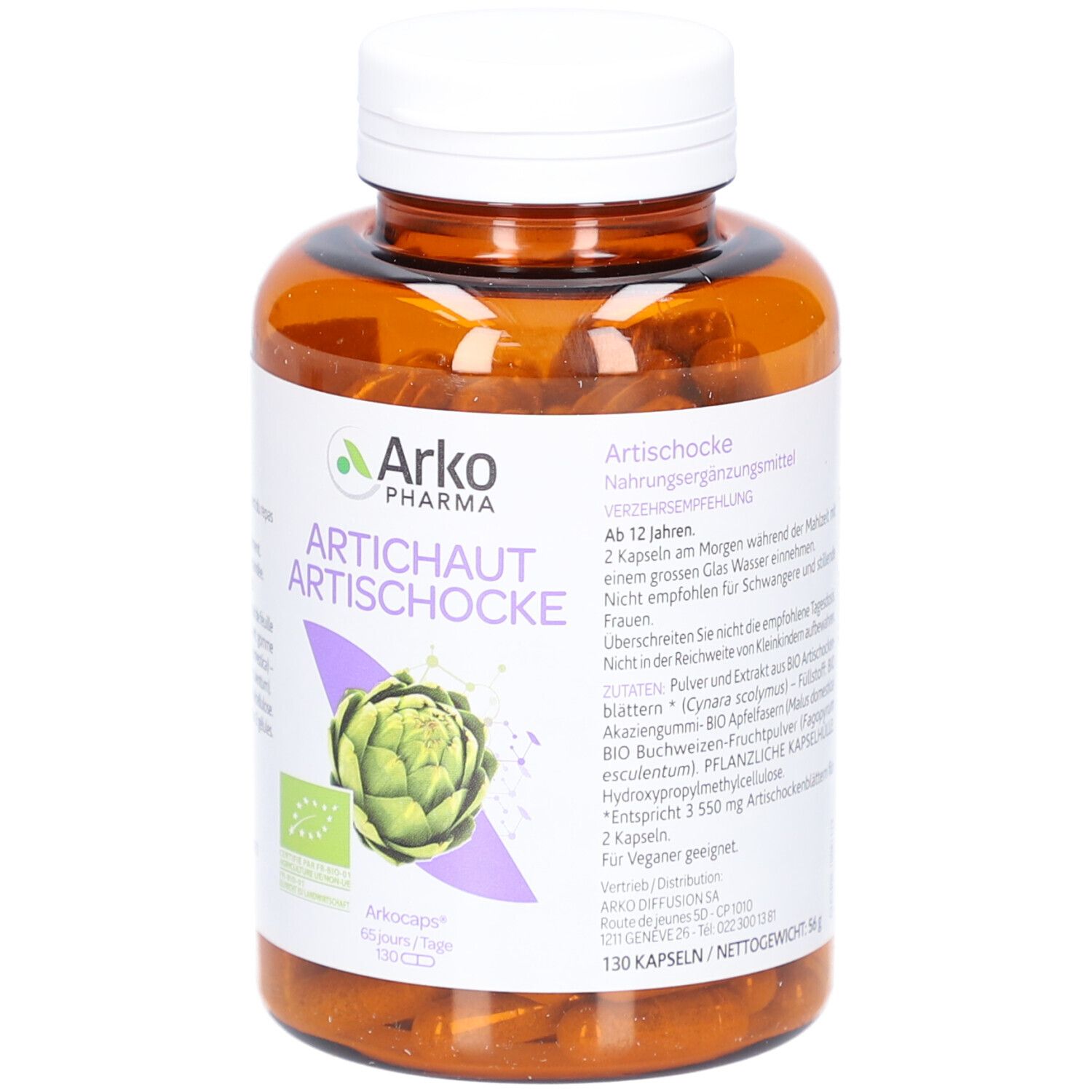 Braune Flasche mit Kapseln. Etikett mit Logo, Artischocke-Abbildung und Text. Bio-Zertifizierung.