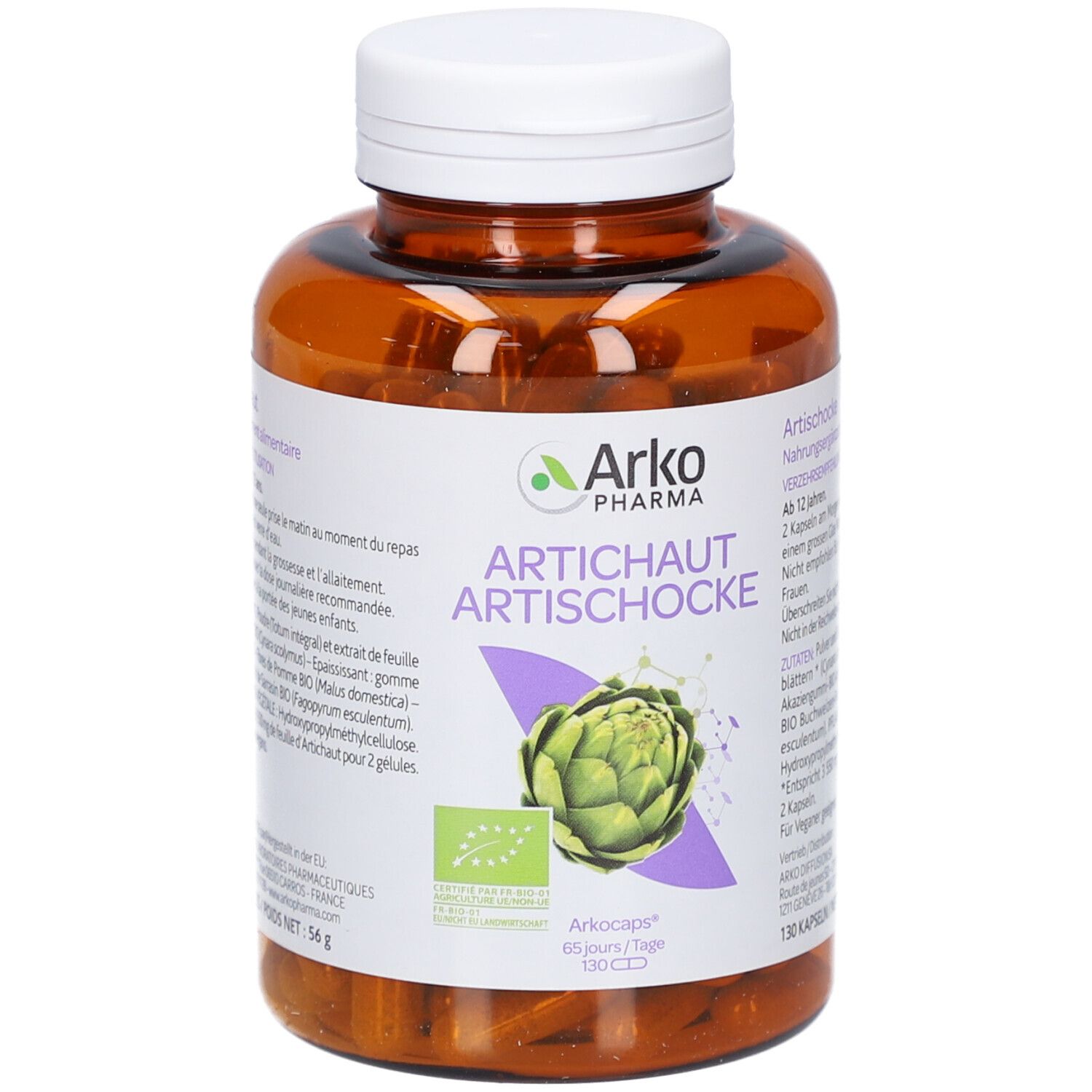Braune Flasche mit Kapseln. Etikett mit Logo, Artischocke-Abbildung und Text. Bio-Zertifizierung.