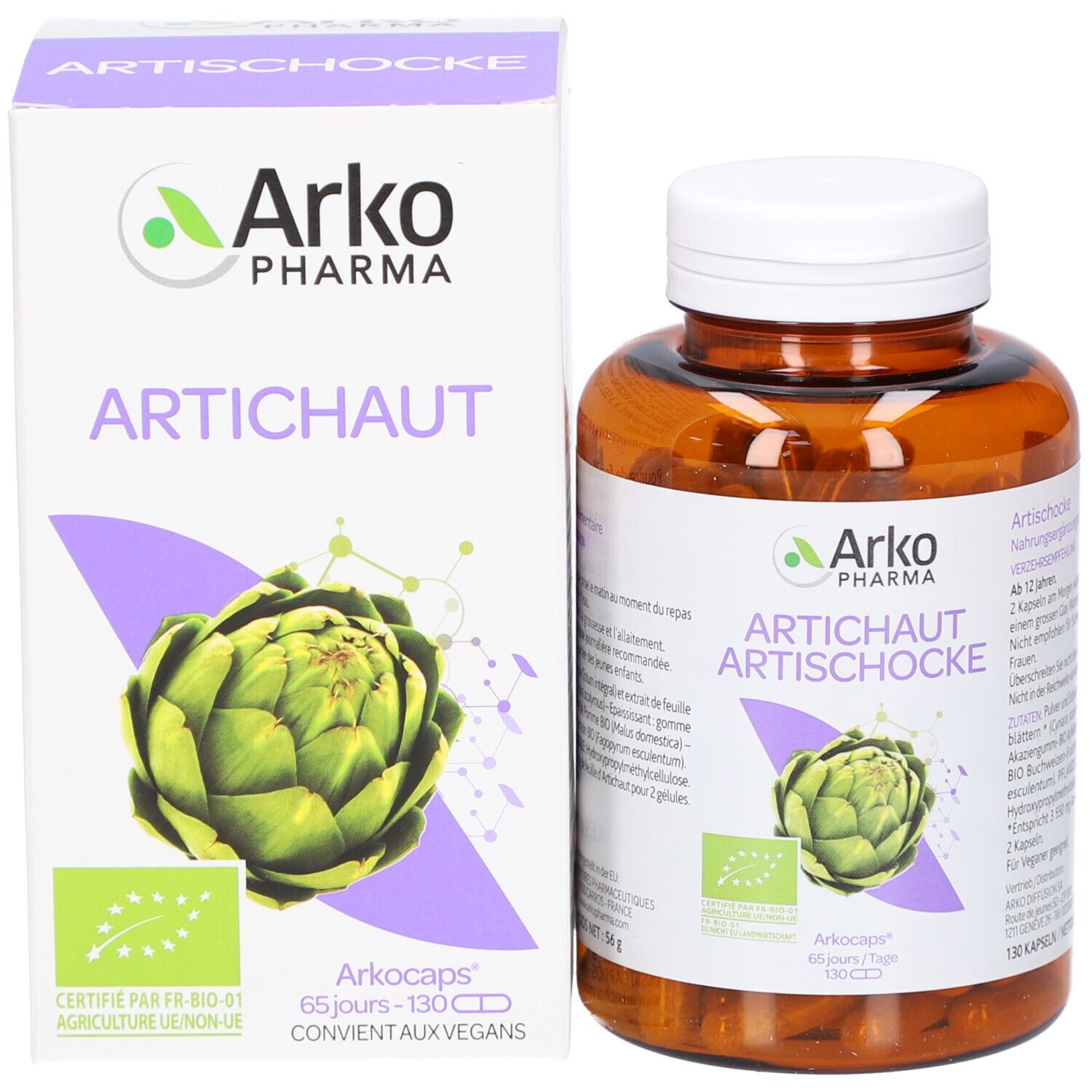 Produktverpackung und Flasche. Karton mit Logo, Artischocke-Abbildung und Text. Flasche mit Kapseln.