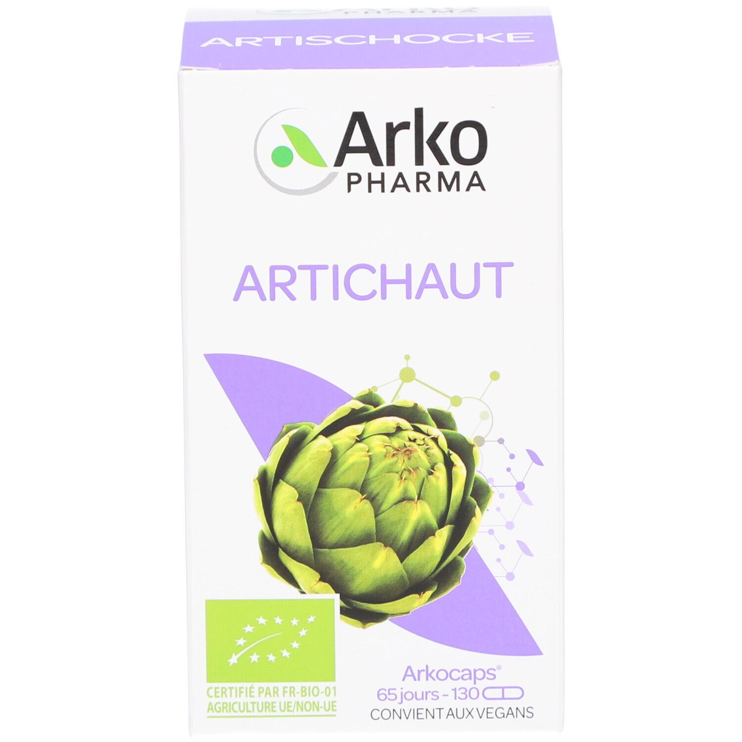 Produktverpackung. Karton mit Logo, Artischocke-Abbildung und Text. Bio-Zertifizierung.