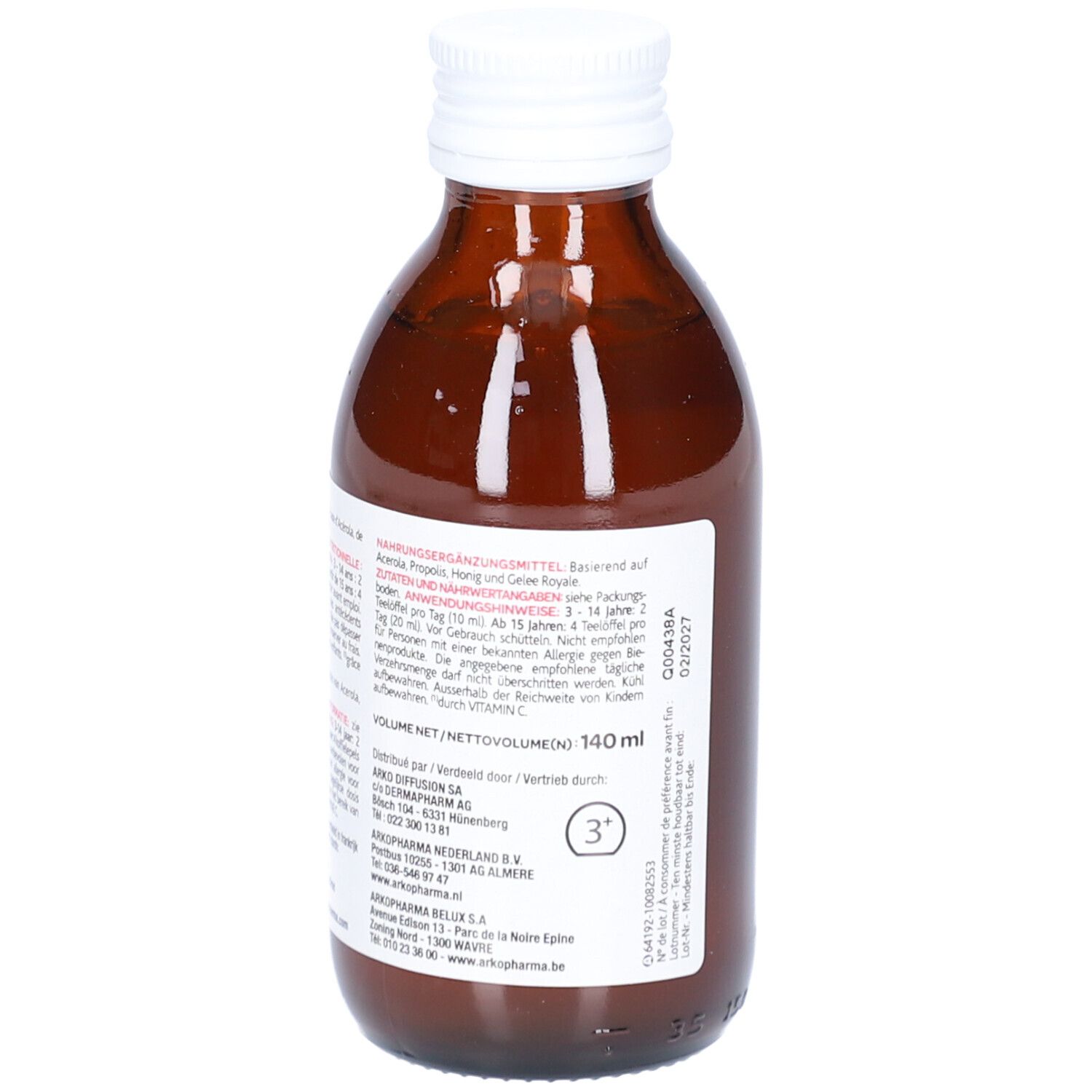 Flacon en verre brun avec bouchon blanc. Étiquette avec texte. Nom du produit non visible.