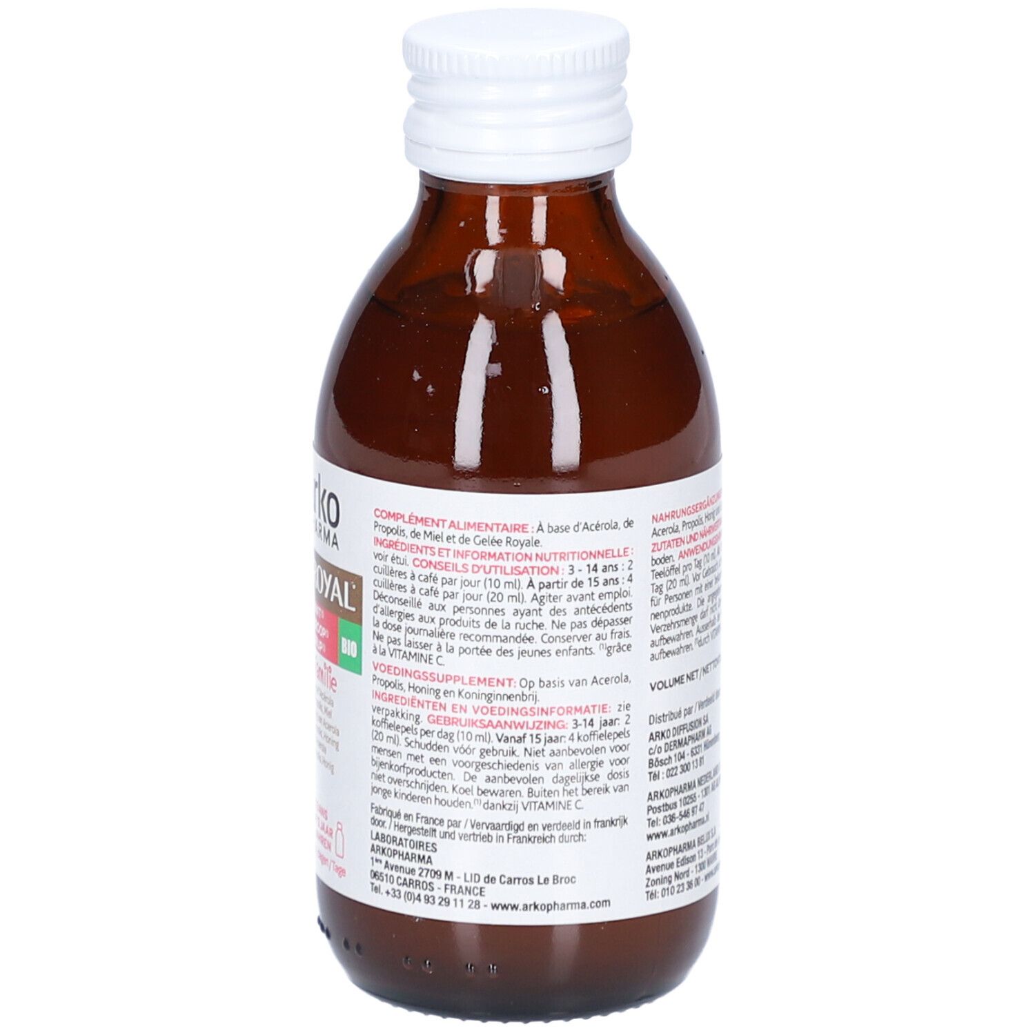 Flacon en verre brun avec bouchon blanc. Étiquette avec texte. Nom du produit non visible.