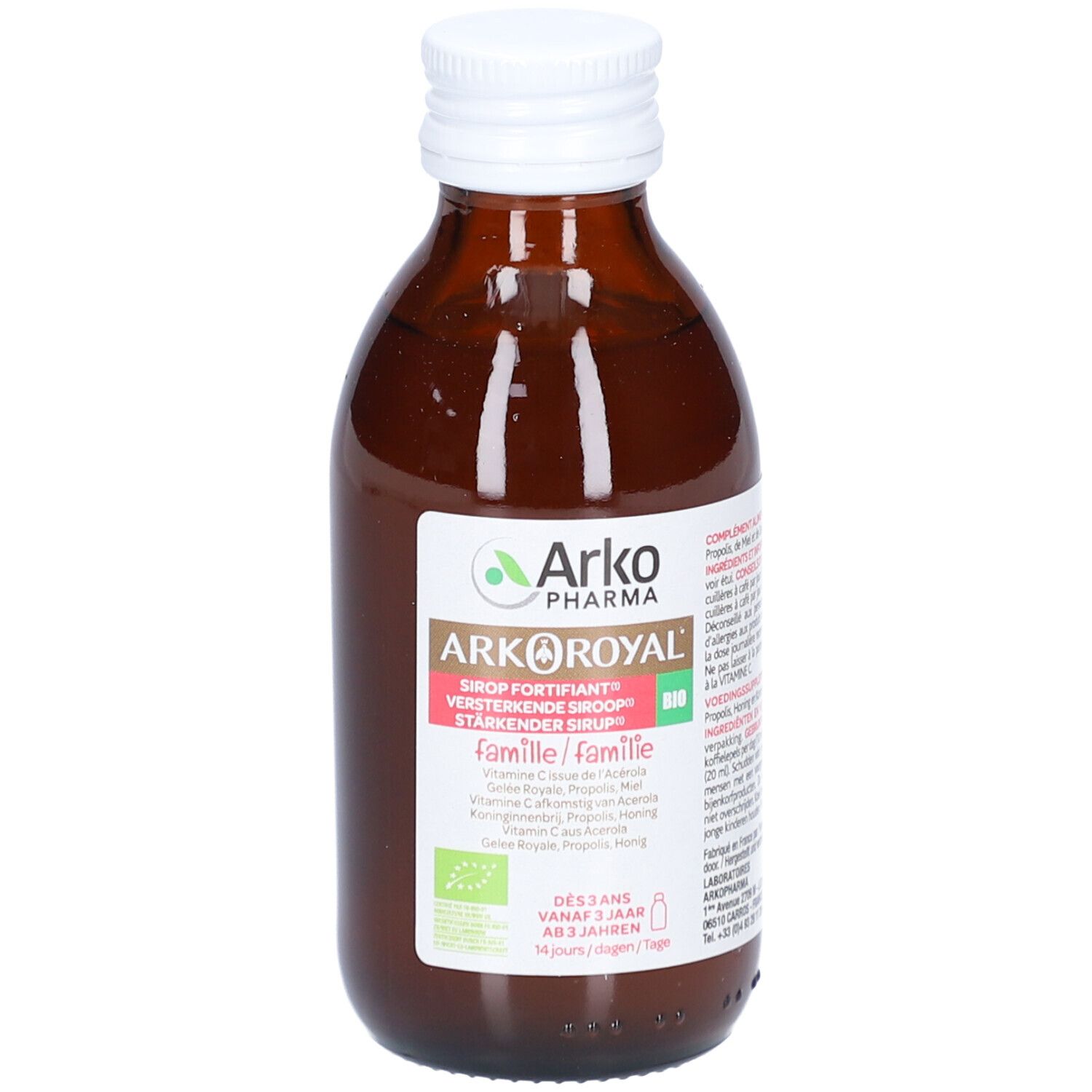 Flacon en verre brun avec bouchon blanc. Étiquette avec texte. Nom du produit et logo visibles.