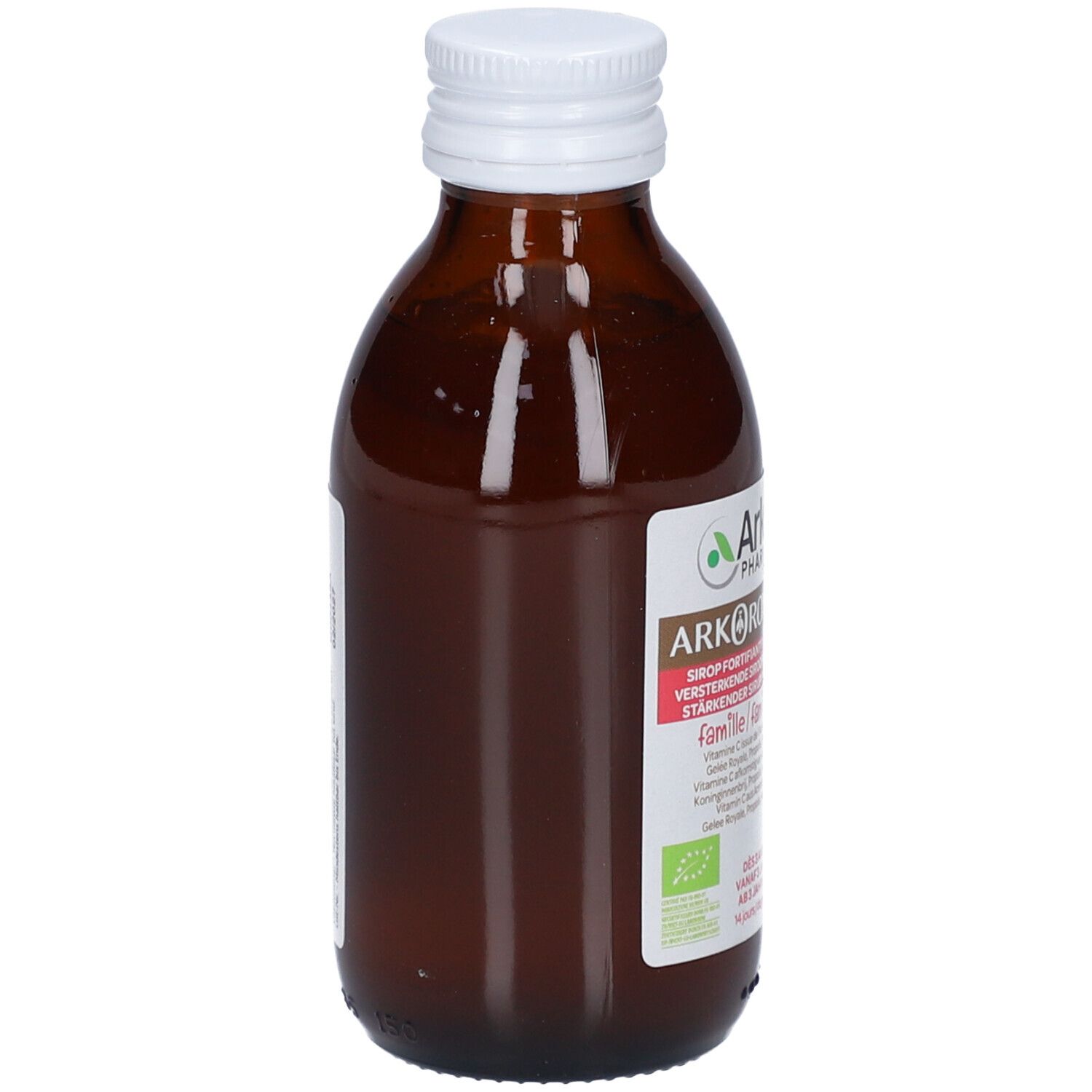 Flacon en verre brun avec bouchon blanc. Étiquette avec texte. Nom du produit et logo visibles.