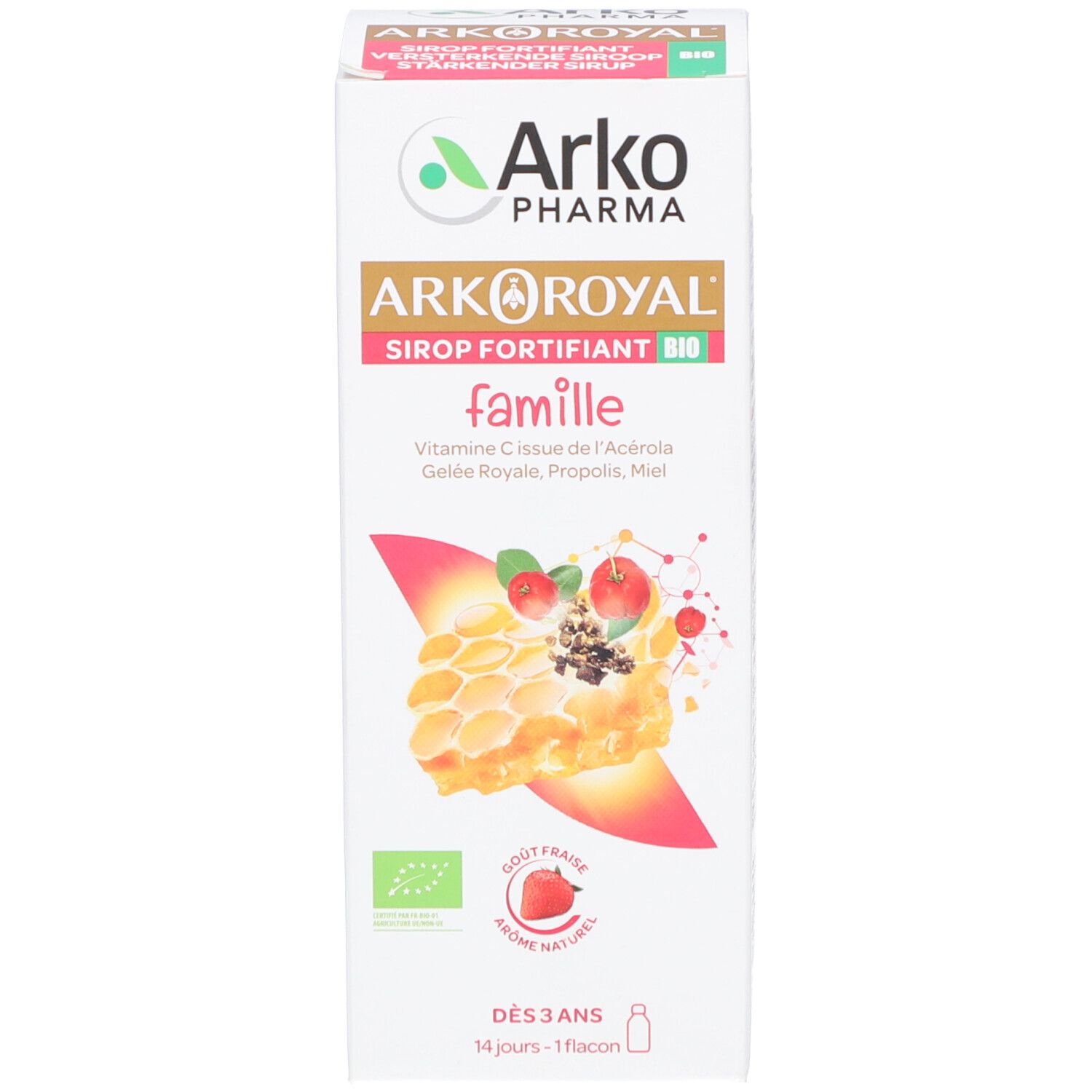 Emballage du produit. Emballage avec nom du produit, logo et illustrations.