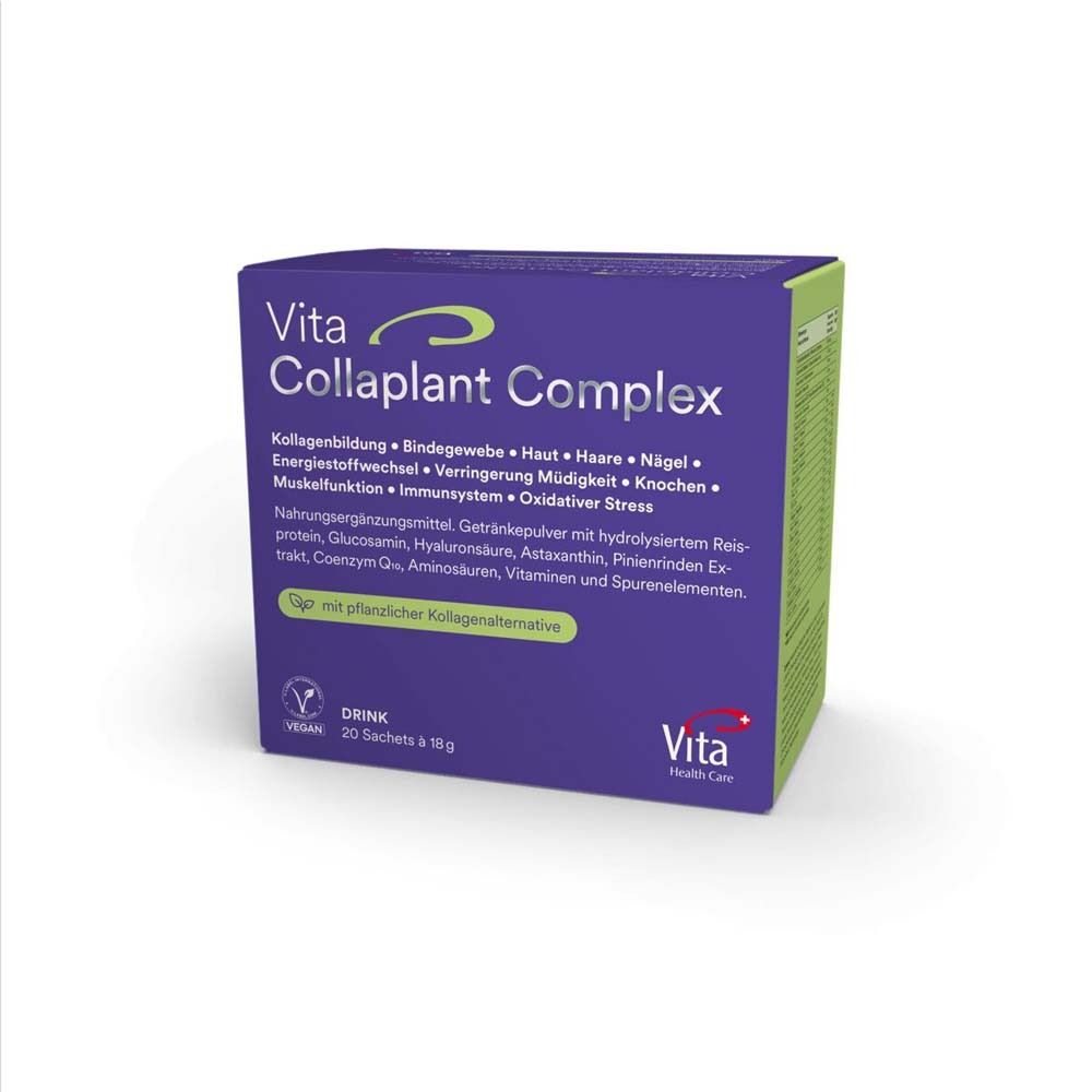 Lila Schachtel mit "Vita Collaplant Complex". Enthält 20 Sachets. Vegan. Vita Health Care Logo.
