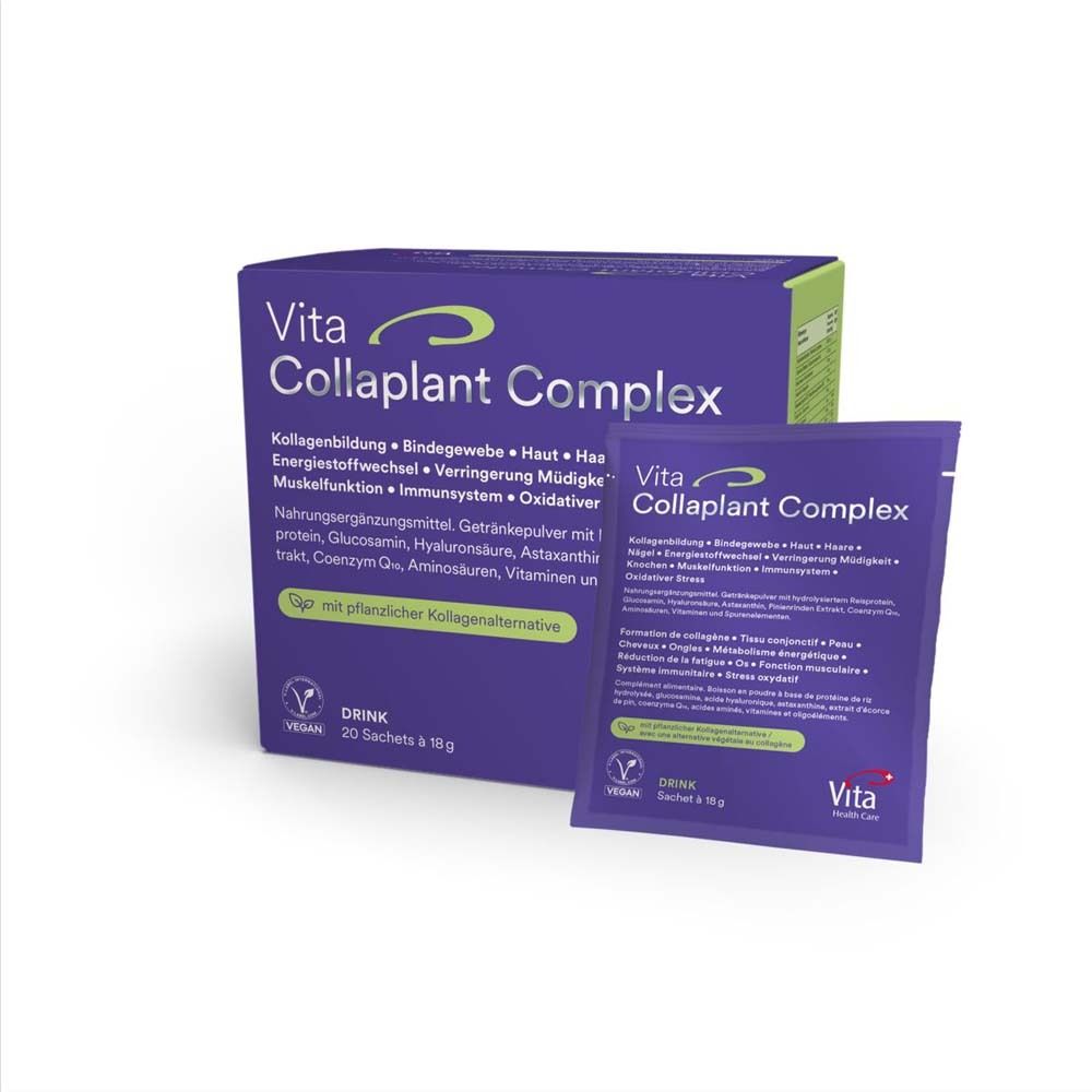 Lila Schachtel und Sachet "Vita Collaplant Complex". 20 Sachets. Vegan. Vita Health Care Logo.