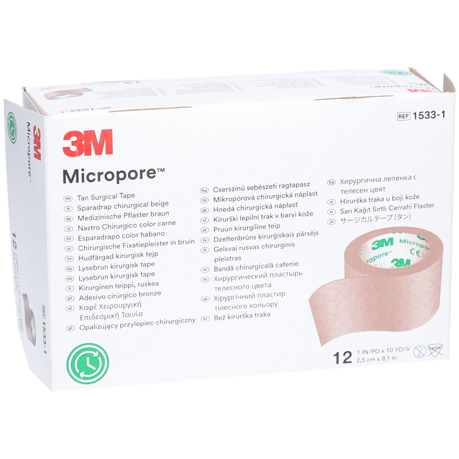 Verpackung mit 3M Micropore™ chirurgischem Klebeband. Beige Rolle, 2,5 cm x 9,1 m. 12 Stück. 3M Logo und Produktbezeichnung.