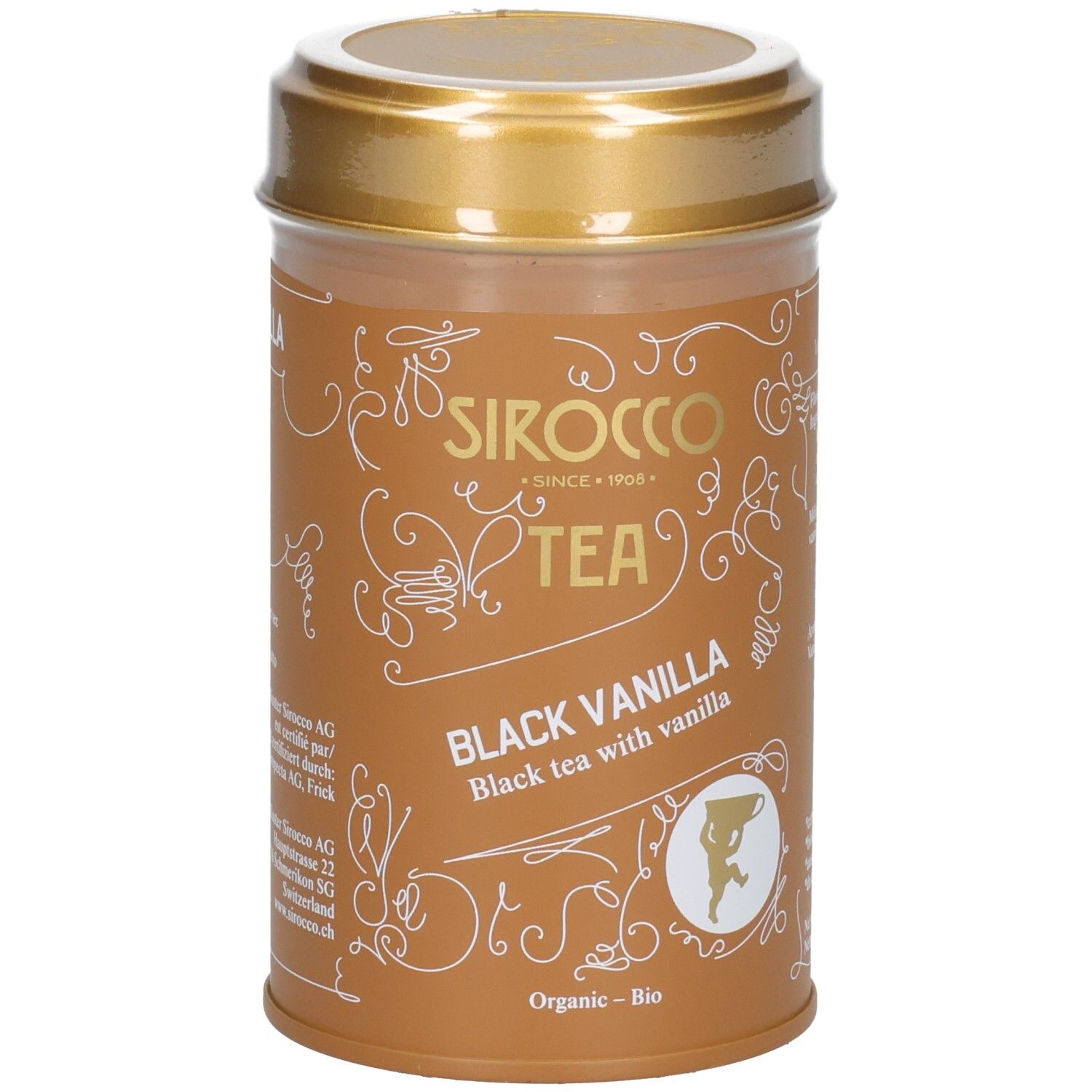 Boîte à thé marron avec couvercle doré, thé SIROCCO Black Vanilla, Bio.