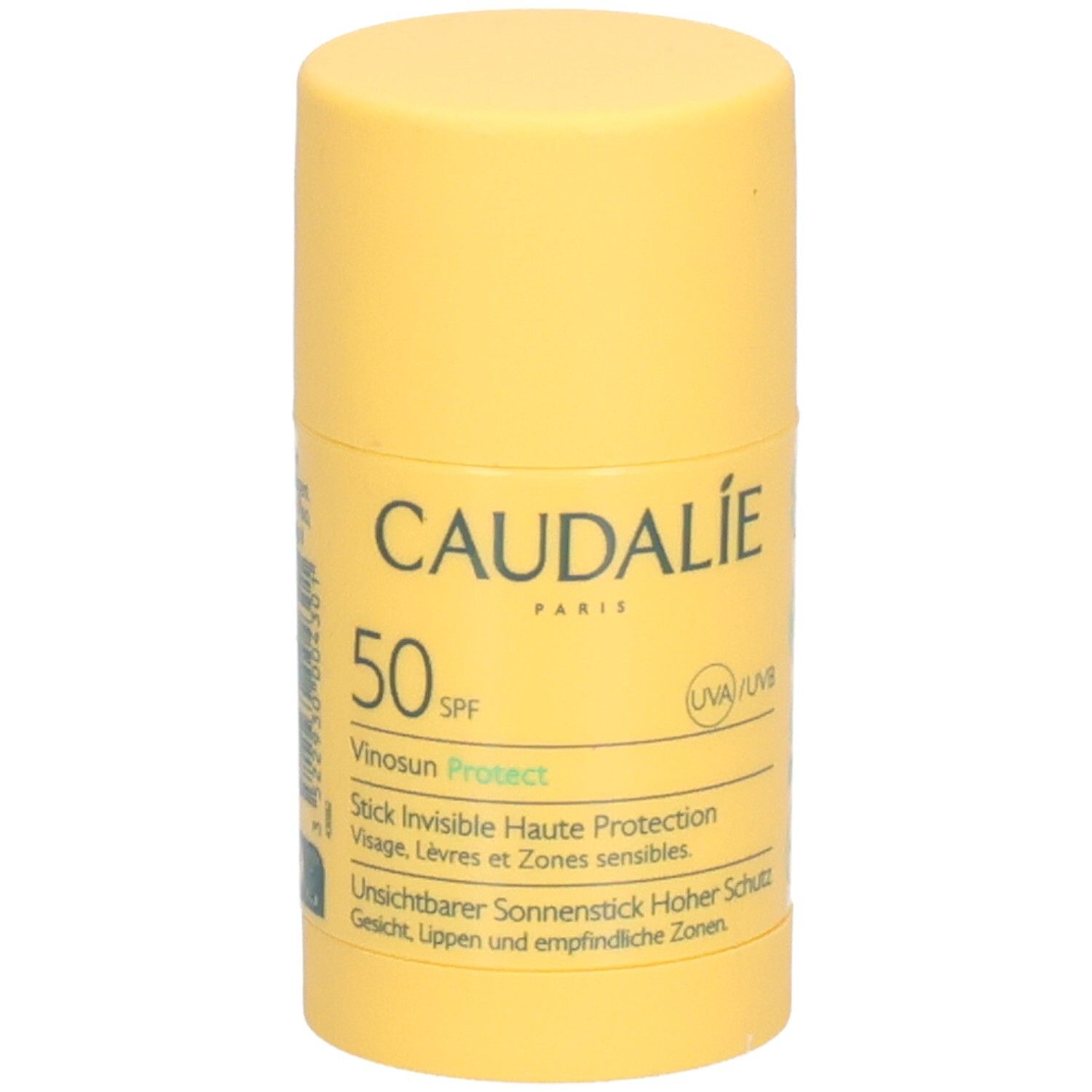 Gelber Sonnenstick mit CAUDALIE, 50 SPF, Vinosun Protect. Text: Unsichtbarer Sonnenstick Hoher Schutz Gesicht, Lippen und empfindliche Zonen.