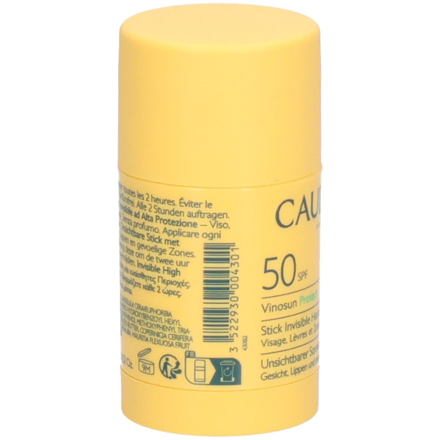 Gelber Sonnenstick mit Text und Barcode. Rückseite mit Text in mehreren Sprachen. CAUDALIE, 50 SPF, Vinosun Protect.