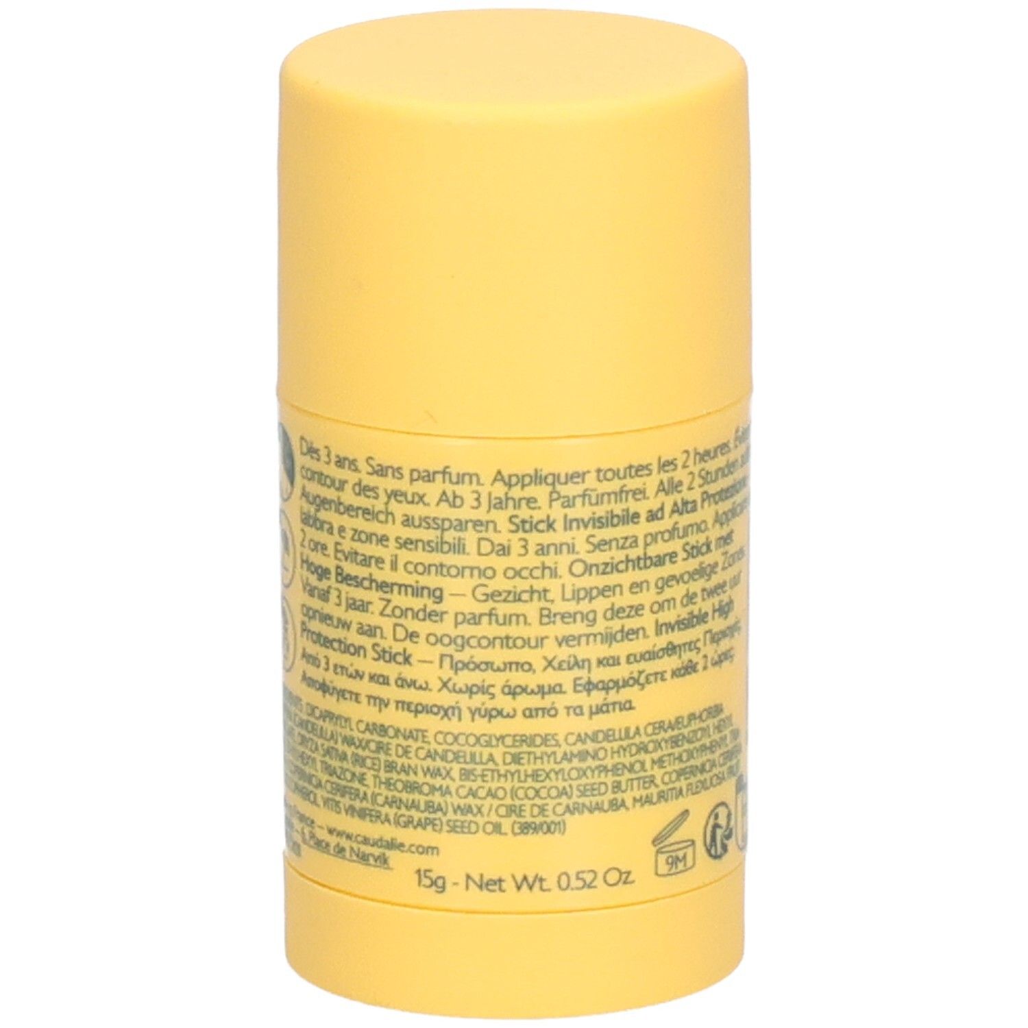 Gelber Sonnenstick mit Text. Rückseite mit Inhaltsstoffen und Text in mehreren Sprachen. Netto 15g, 0.52 Oz.