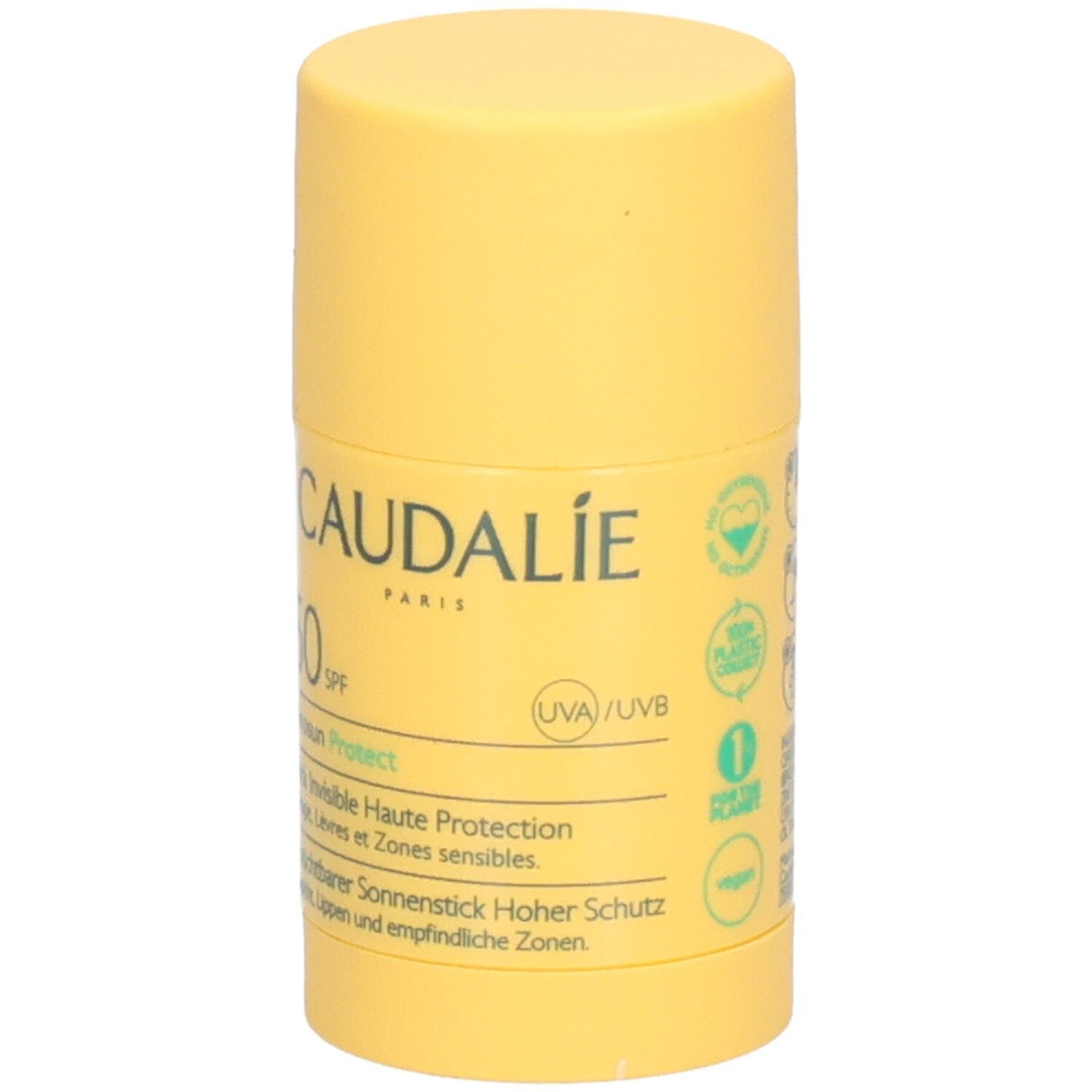 Gelber Sonnenstick mit CAUDALIE, 50 SPF, Vinosun Protect. Mit Logos: 100% Plastic, 1 For The Planet, Vegan.