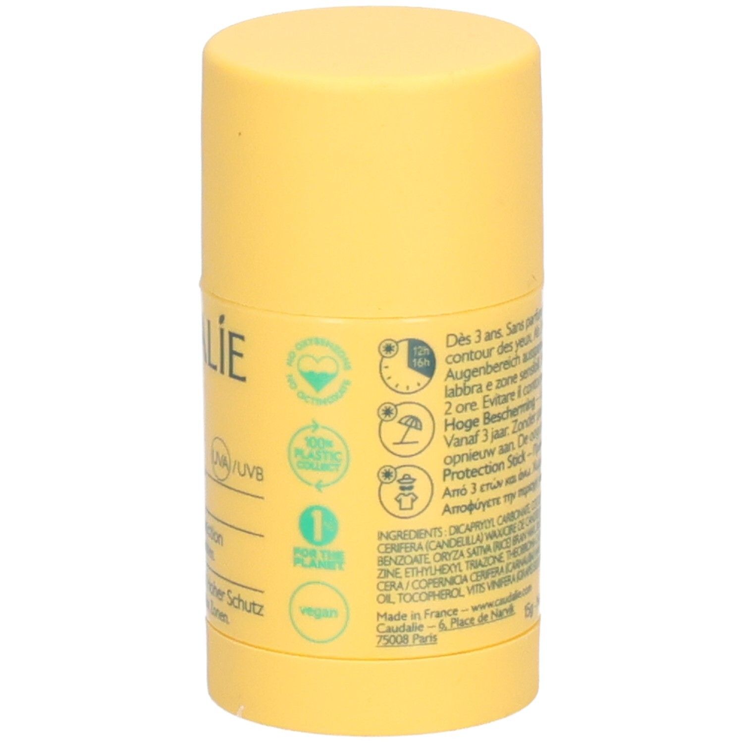 Gelber Sonnenstick mit Text und Logos. Rückseite mit Text in mehreren Sprachen. CAUDALIE, 50 SPF, Vinosun Protect.