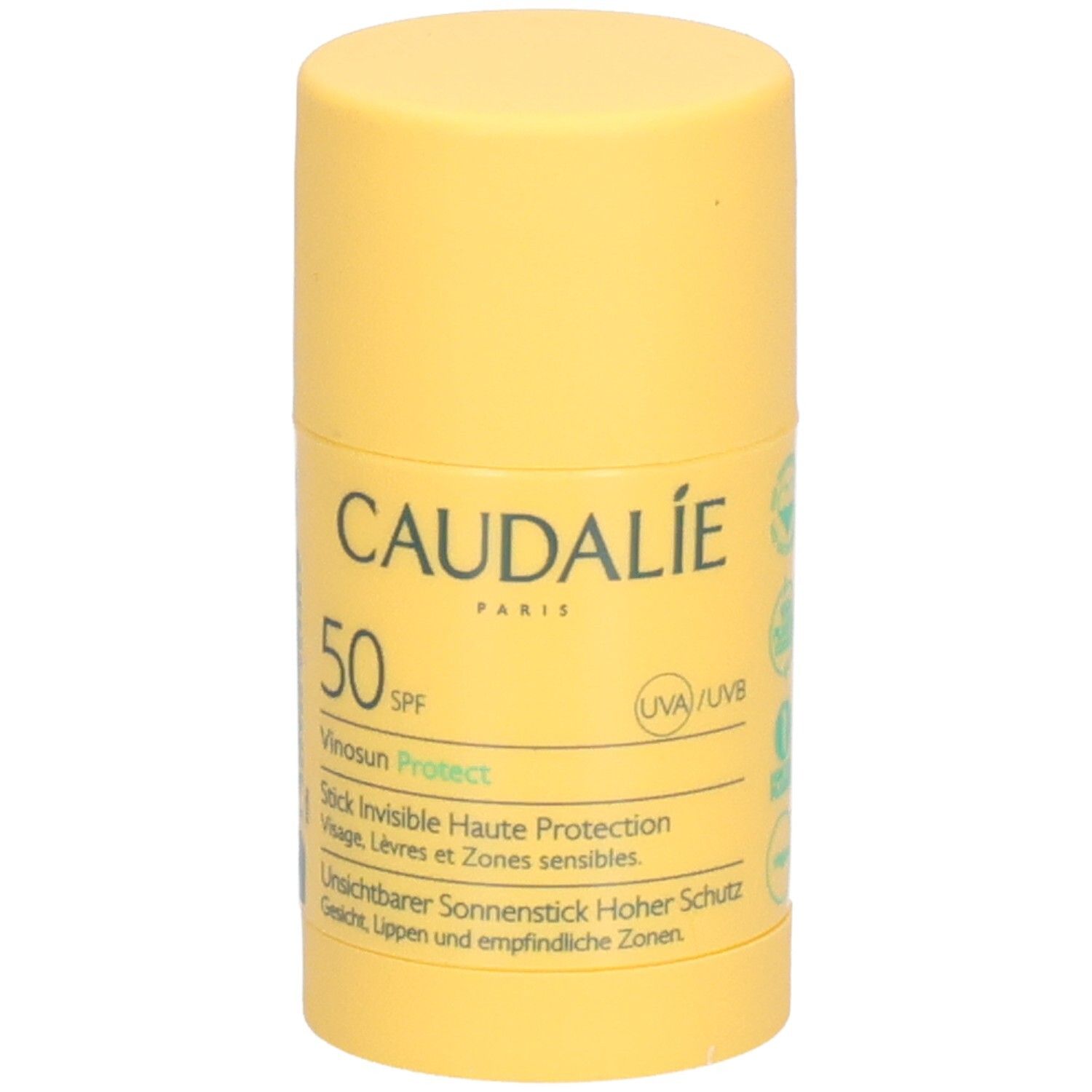 Gelber Sonnenstick mit CAUDALIE, 50 SPF, Vinosun Protect. Text: Stick Invisible Haute Protection, Visage, Lèvres et Zones sensibles.