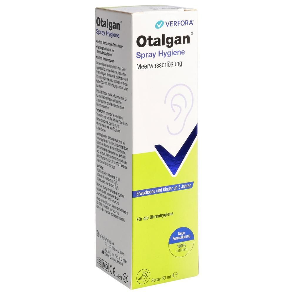 Boîte Otalgan Spray Hygiene. Blanc, vert et bleu. Texte et symbole d'oreille. Pour adultes et enfants dès 3 ans.