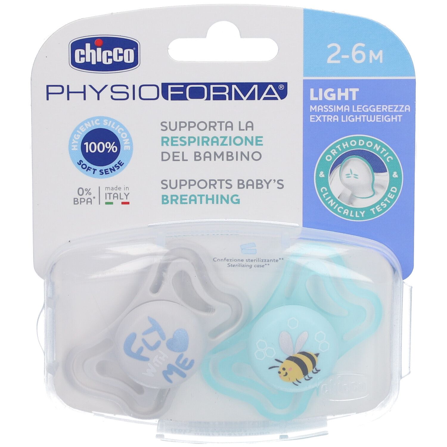 Zwei Schnuller in Kunststoffverpackung. Blau und grau. Aufschrift: PhysioForma, 2-6M, 100% Silikon, BPA-frei.