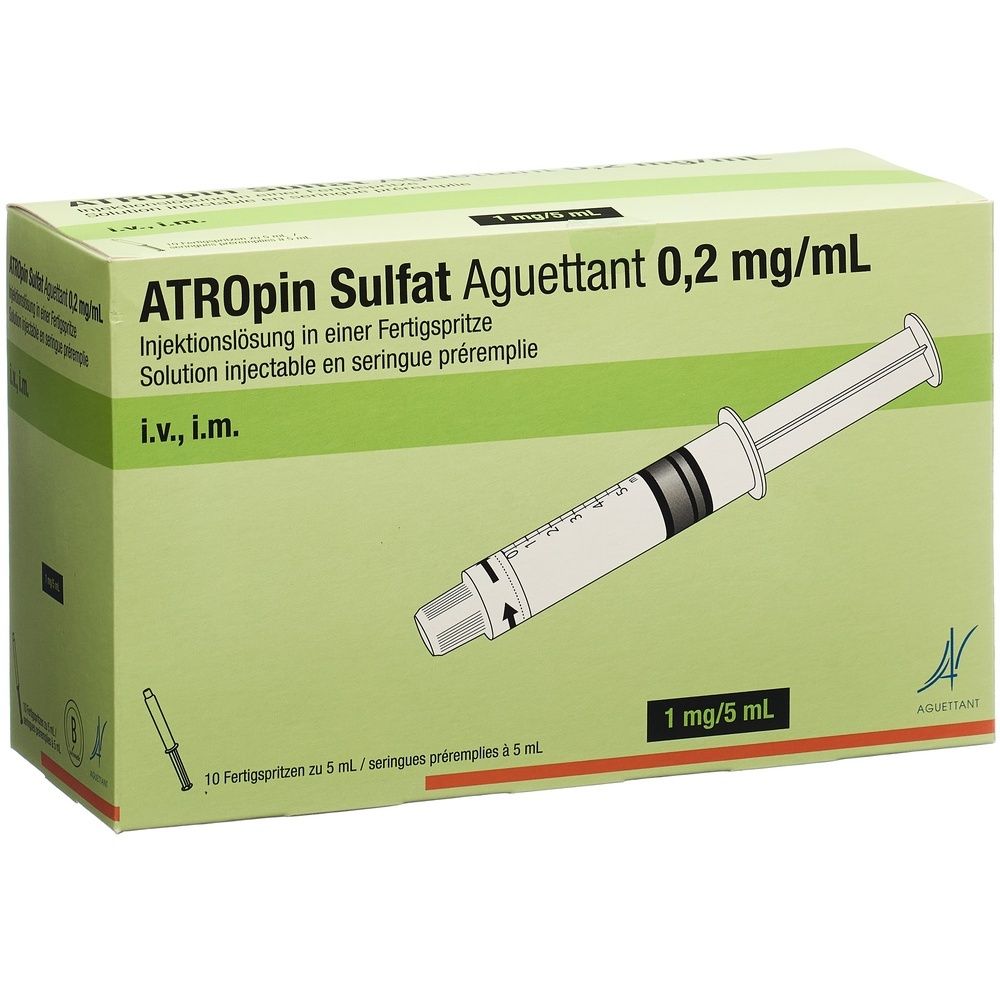 Schachtel mit Fertigspritzen. Aufschrift: ATROpin Sulfat Aguettant 0,2 mg/mL. Injektionslösung. Eine Spritze ist abgebildet.