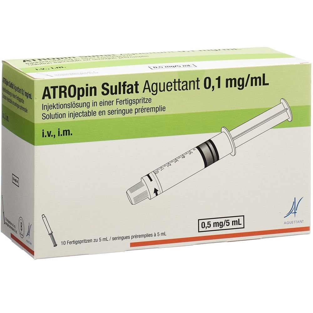 Verpackung mit Atropin Sulfat Aguettant, Fertigspritzen. Aufschrift: 0,1 mg/mL, 0,5 mg/5 mL. Enthält 10 Fertigspritzen.
