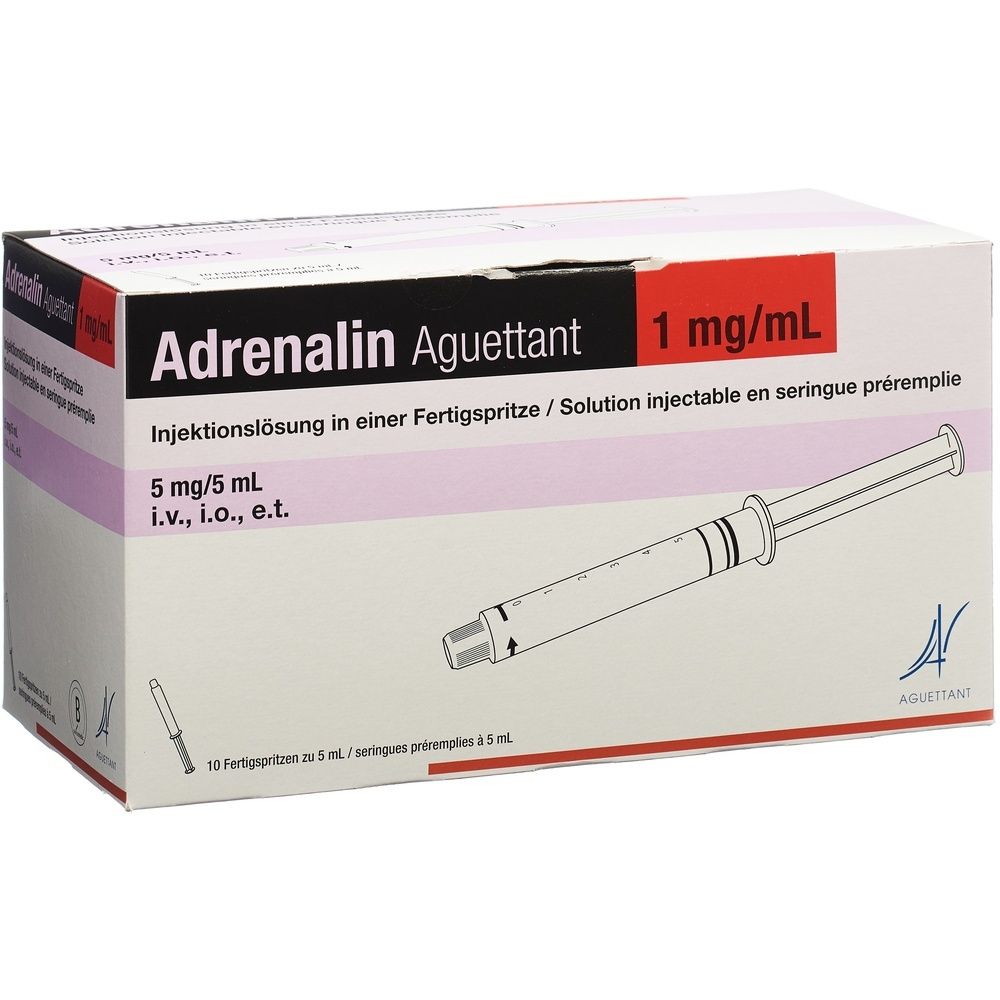 Karton mit Adrenalin Aguettant. Aufschrift: 1 mg/mL, 5 mg/5 ml. Enthält 10 Fertigspritzen. Eine Spritze ist abgebildet.