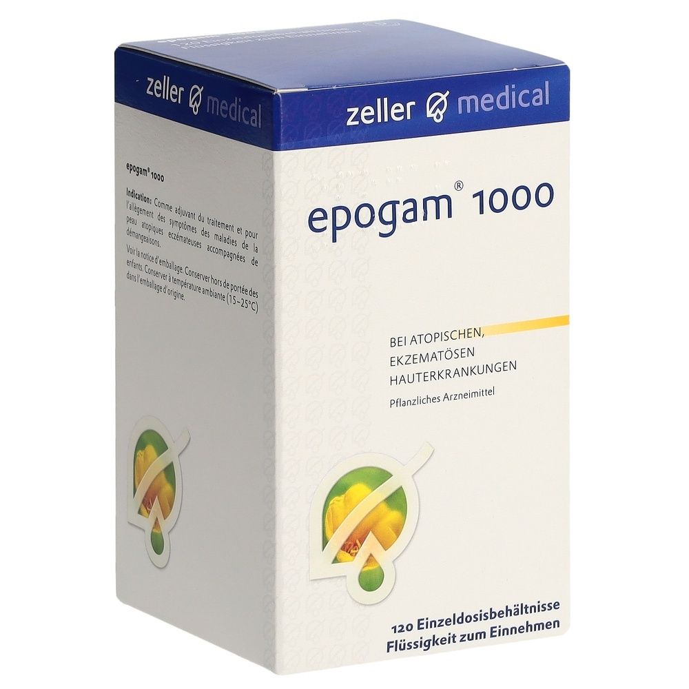 Karton von epogam 1000. Aufschrift: Bei atopischen Ekzematosen Hauterkrankungen. 120 Einzeldosisbehältnisse Flüssigkeit zum Einnehmen. Marke: zeller medical.