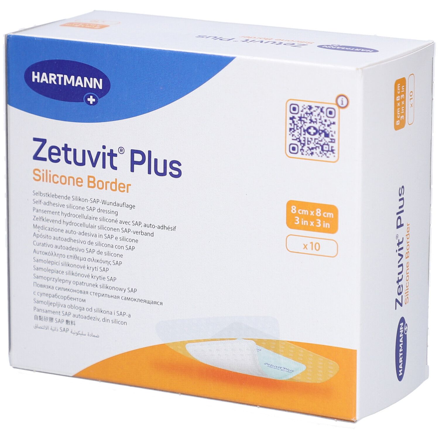 Verpackung von HARTMANN Zetuvit® Plus Silicone Border. Größe 8x8 cm, 10 Stück. Produktname und Marke deutlich sichtbar.
