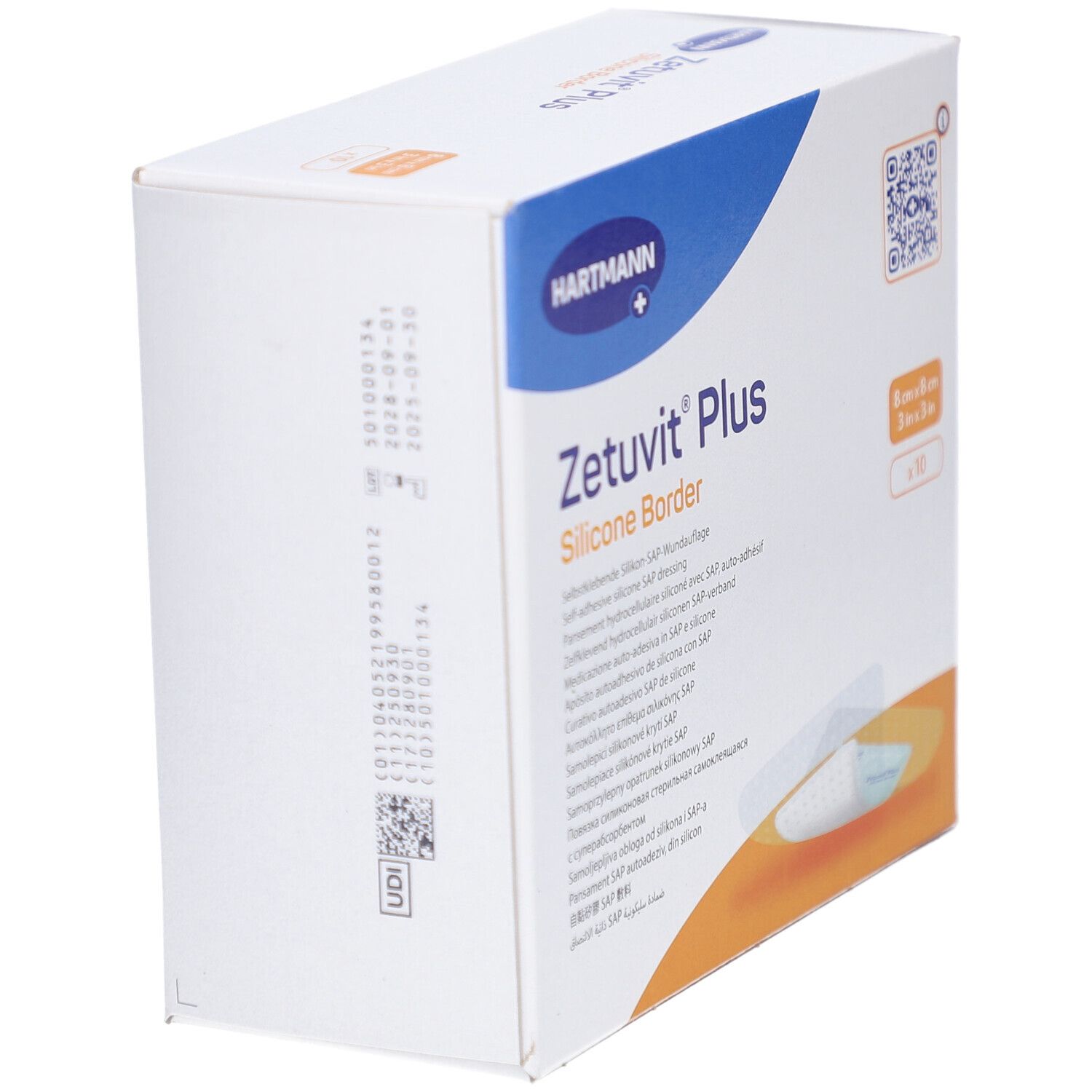 Verpackung von HARTMANN Zetuvit® Plus Silicone Border. Seitenansicht. Produktname und Marke sichtbar.