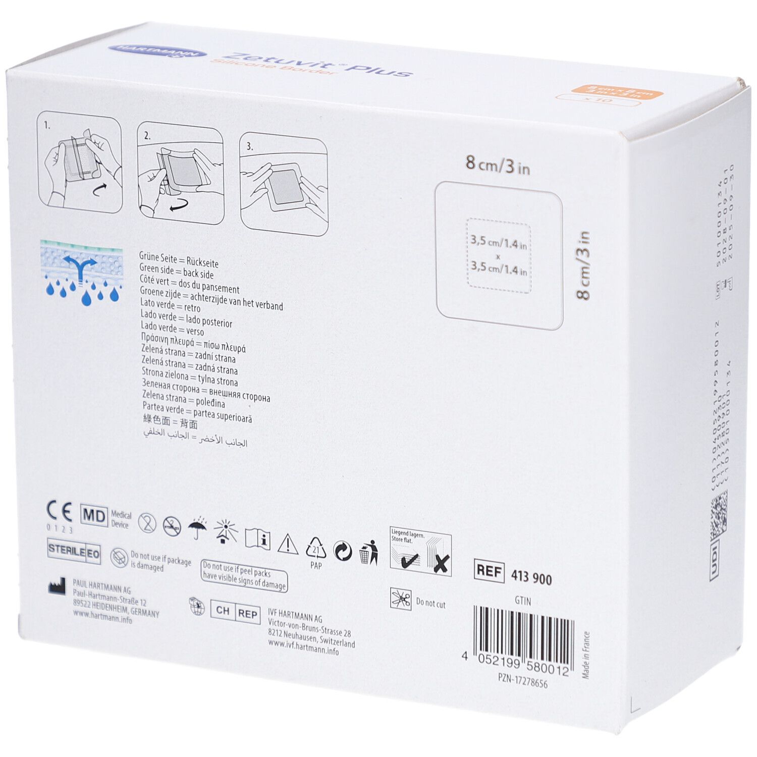 Rückseite der Verpackung HARTMANN Zetuvit® Plus Silicone Border. Produktinformationen und CE-Kennzeichnung.