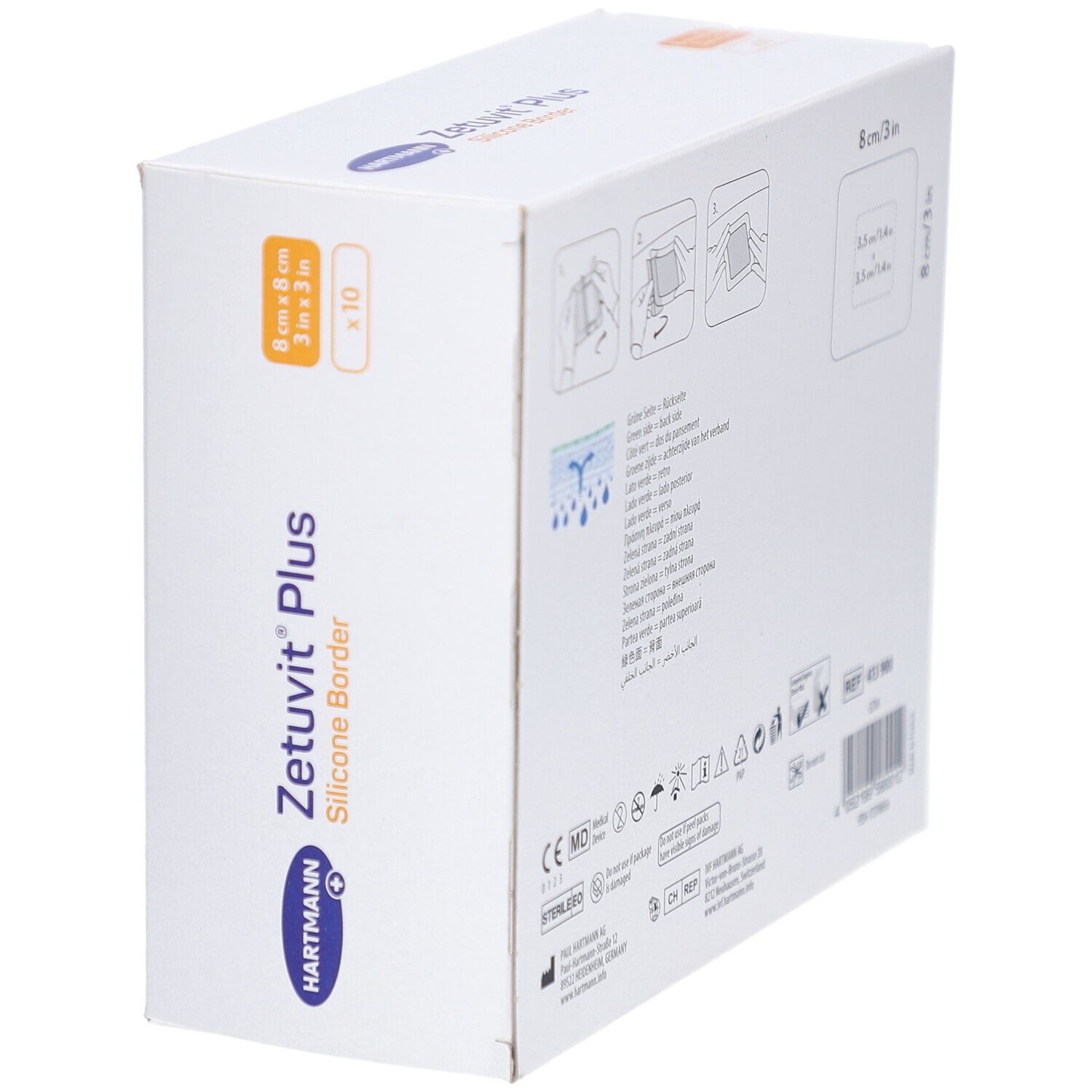 Verpackung HARTMANN Zetuvit® Plus Silicone Border. Seitenansicht mit Produktinformationen und Größenangabe.