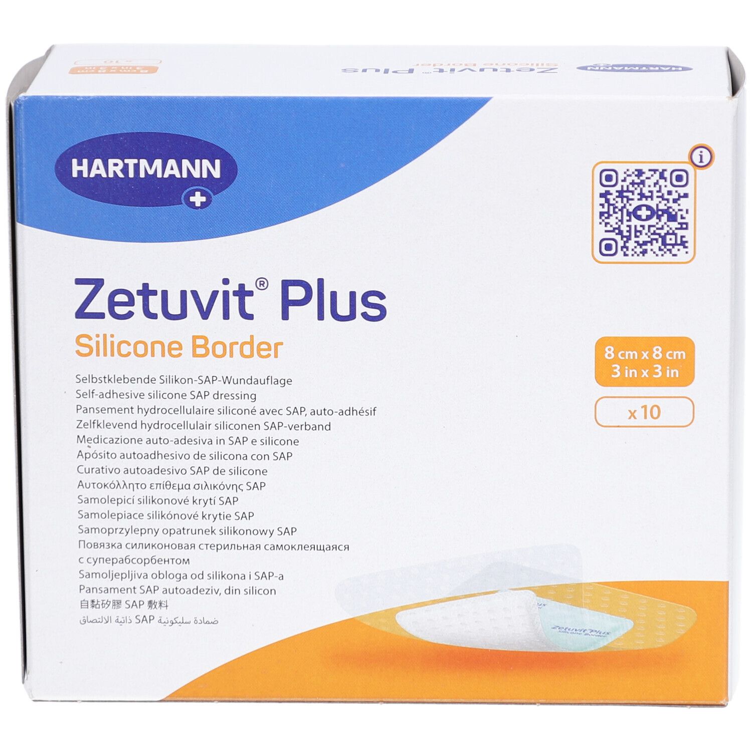 Verpackung HARTMANN Zetuvit® Plus Silicone Border. Produktname, Marke, Größe 8x8 cm, 10 Stück.