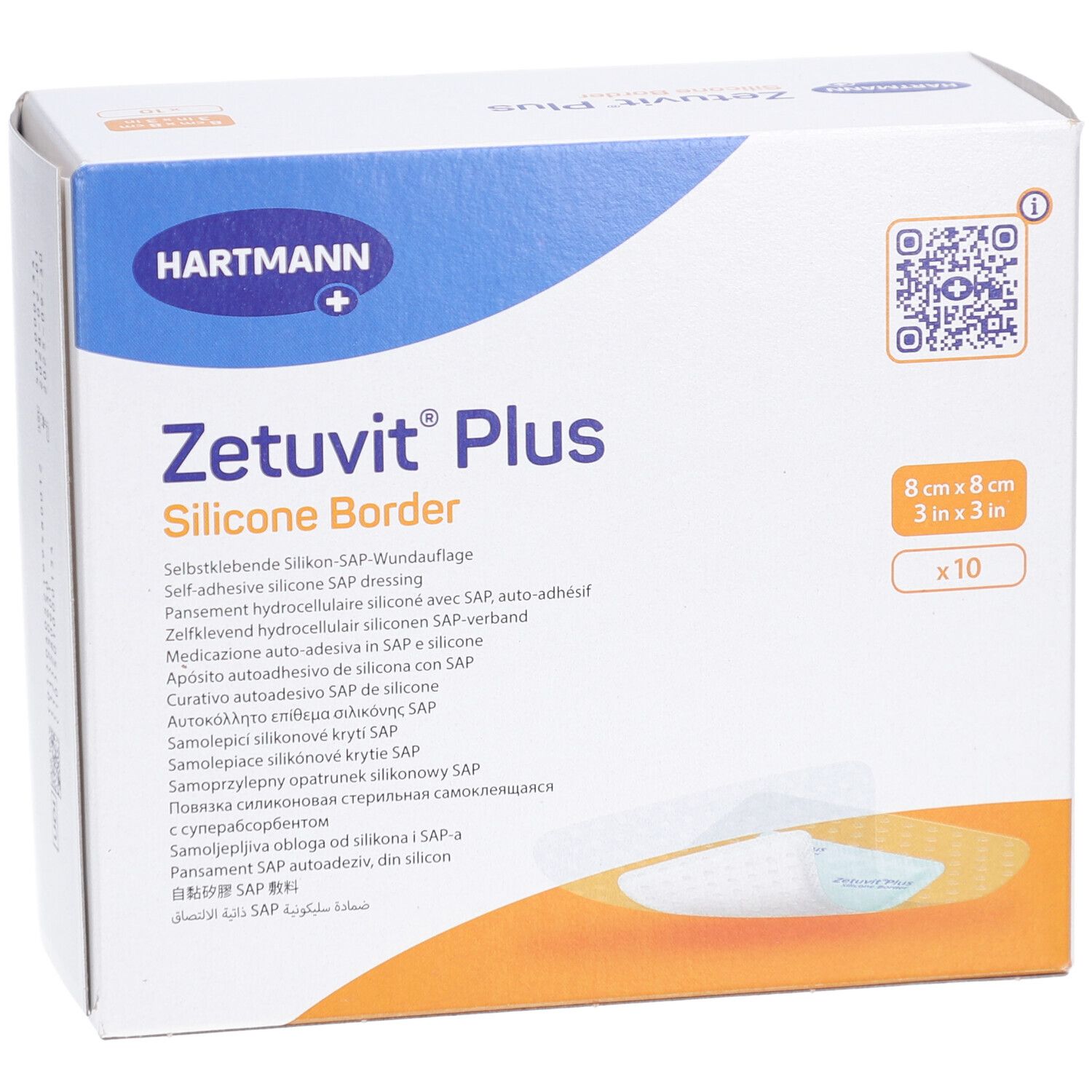 Verpackung HARTMANN Zetuvit® Plus Silicone Border. Produktname, Marke, Größe 8x8 cm, 10 Stück.