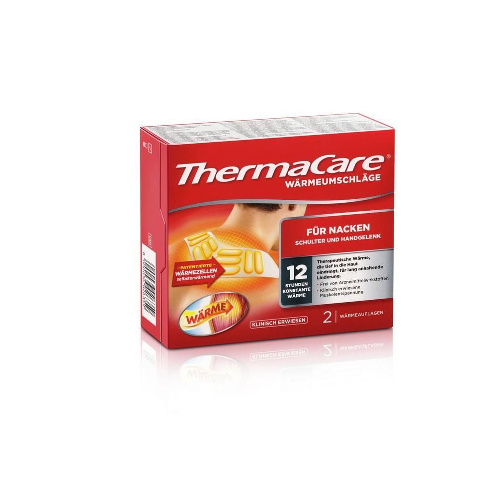 Rote ThermaCare®-Verpackung. Aufschrift: Wärmepflaster für Nacken, Schulter und Handgelenk. 12 Stunden Wärme. 2 Wärmeauflagen.