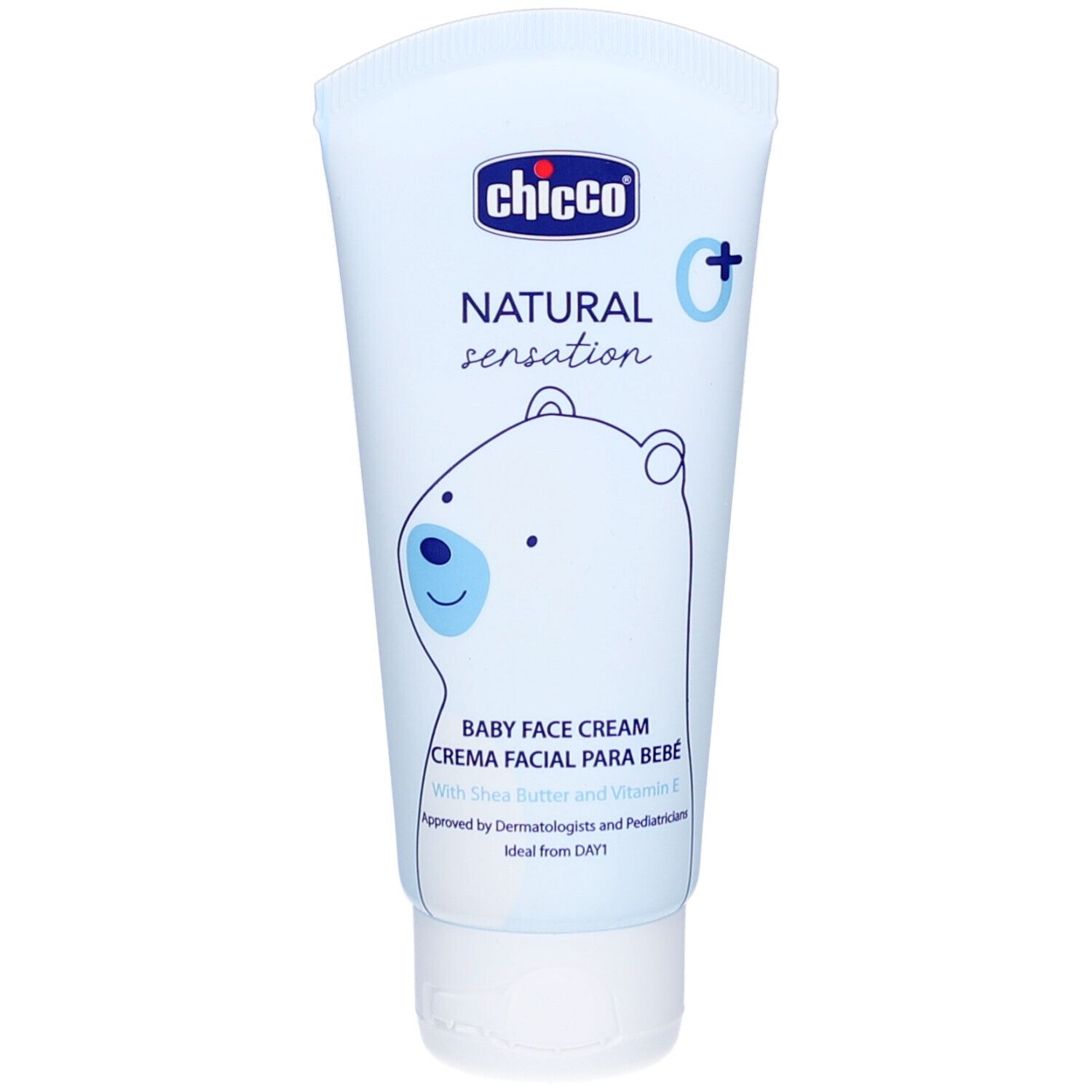 Tube bleu clair avec bouchon blanc. Inscription : Chicco, Natural Sensation, Baby Face Cream. Illustration d'un ours. Beurre de karité et vitamine E.