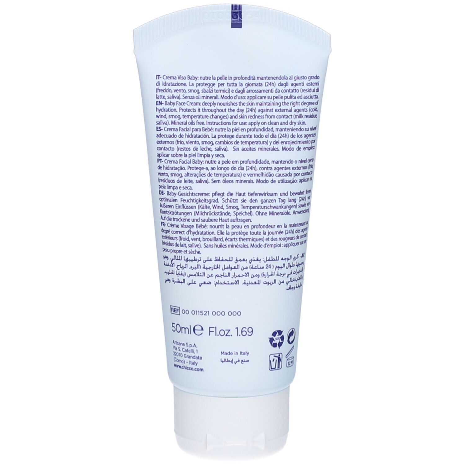 Dos d'un tube bleu clair. Texte en plusieurs langues. Contient des informations sur le produit et les ingrédients. 50ml.