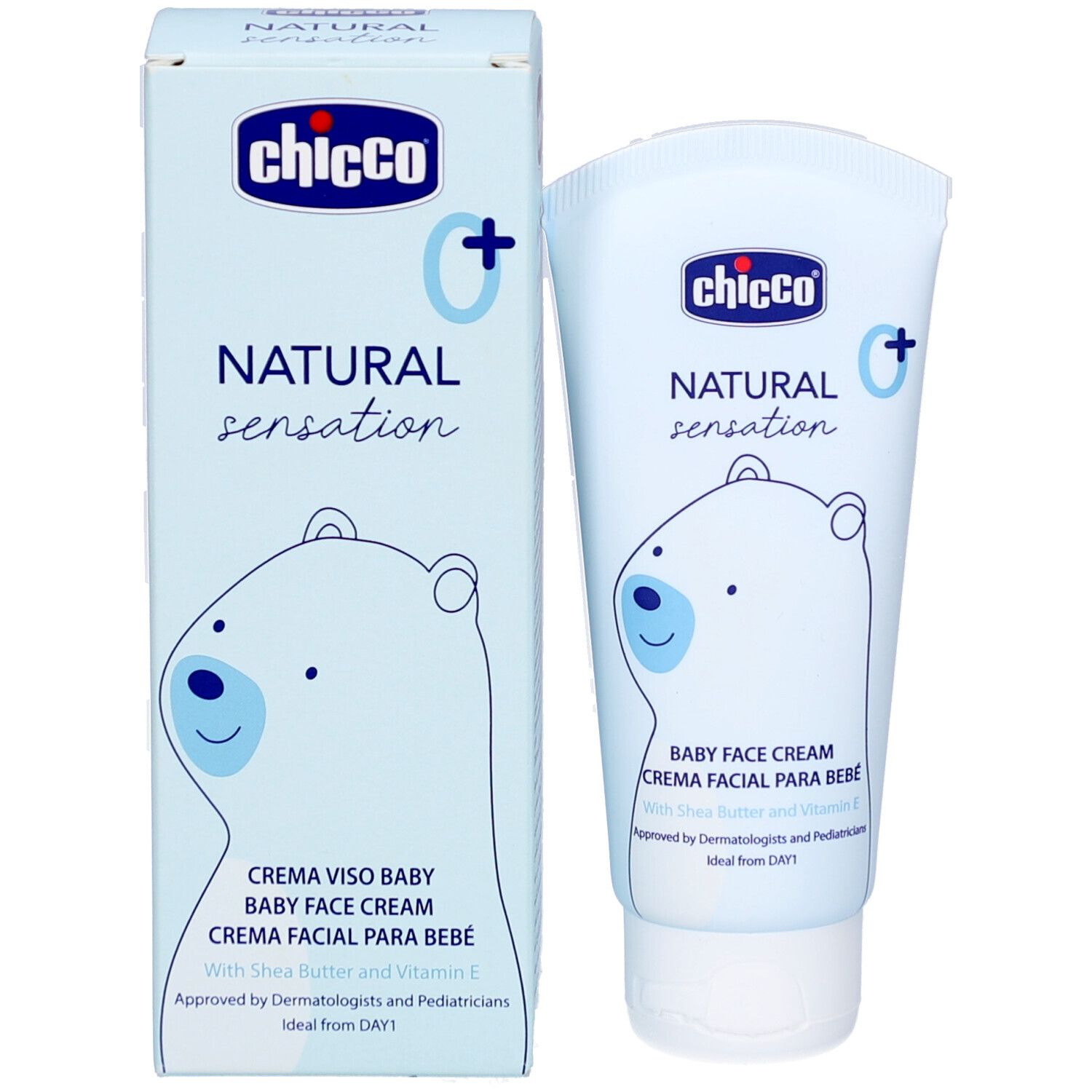 Emballage et tube bleu clair. Inscription : Chicco, Natural Sensation, Baby Face Cream. Illustration d'un ours. Beurre de karité et vitamine E.