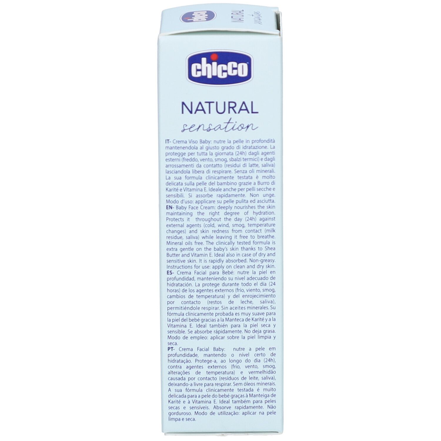 Dos de l'emballage bleu clair. Texte en plusieurs langues. Contient des informations sur le produit et les ingrédients.