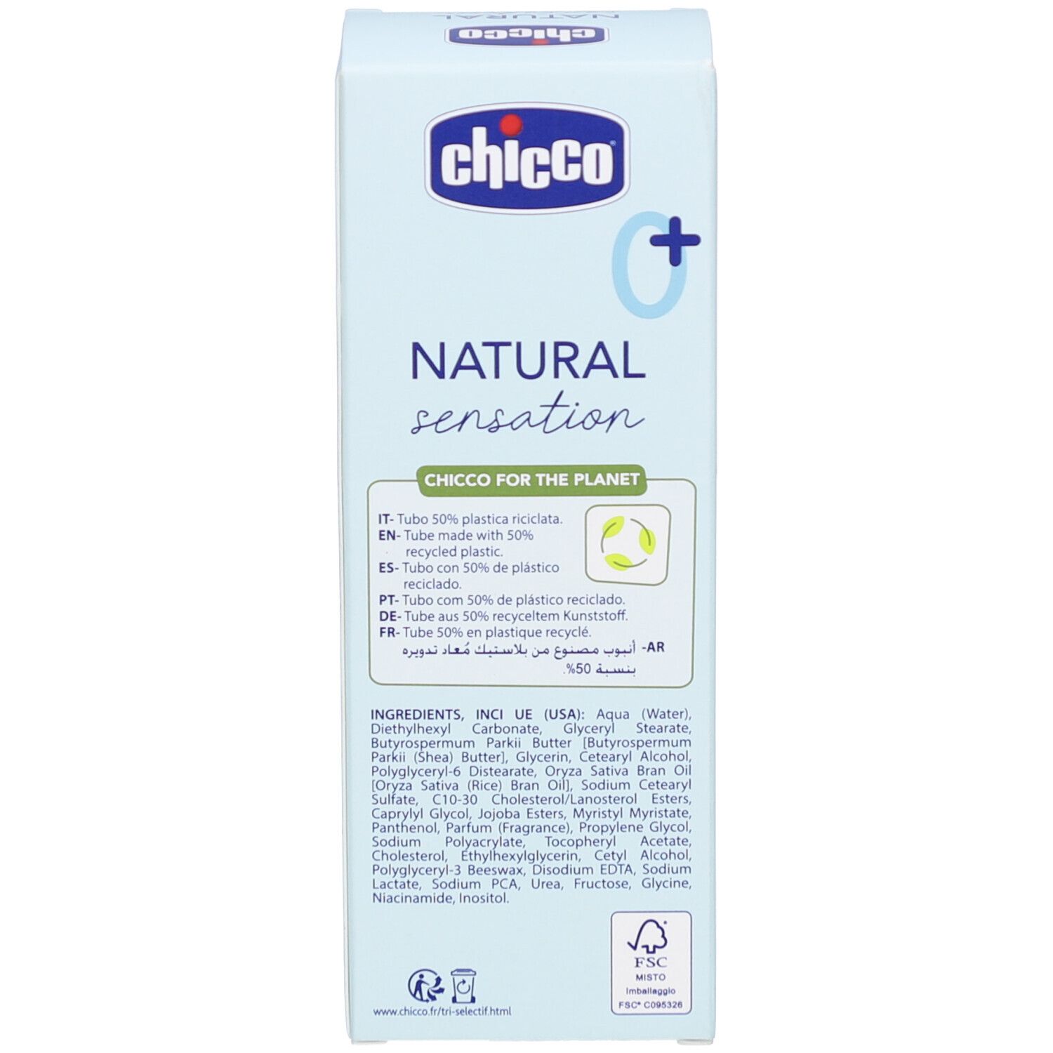 Côté de l'emballage bleu clair. Texte en plusieurs langues. Contient des informations sur les ingrédients et le recyclage.