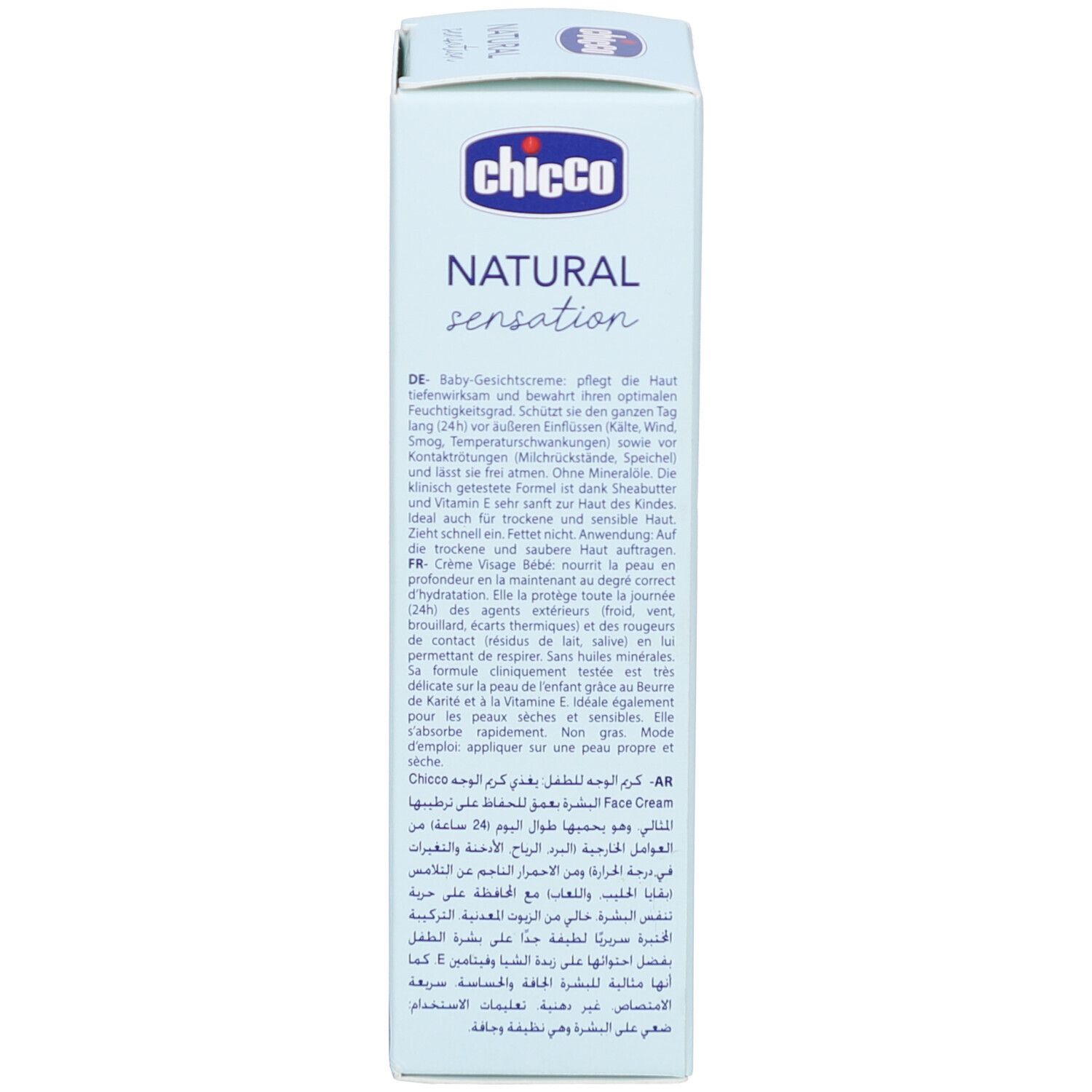 Côté de l'emballage bleu clair. Texte en plusieurs langues. Contient des informations sur le produit et l'utilisation.