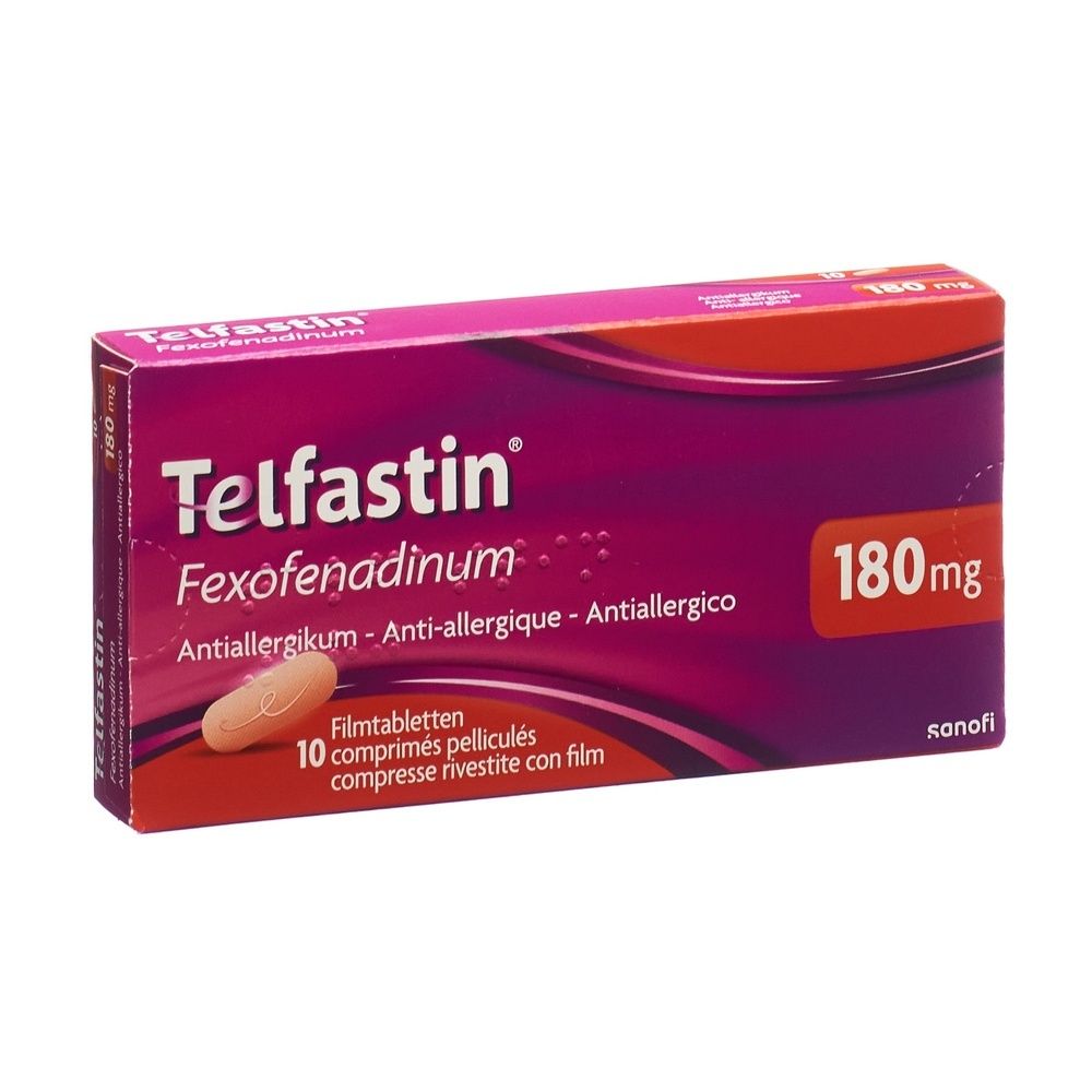 Verpackung mit Filmtabletten. Aufschrift: Telfastin, Fexofenadinum, 180mg. 10 Tabletten. Hersteller: Sanofi. Lila und rosa Farbtöne.