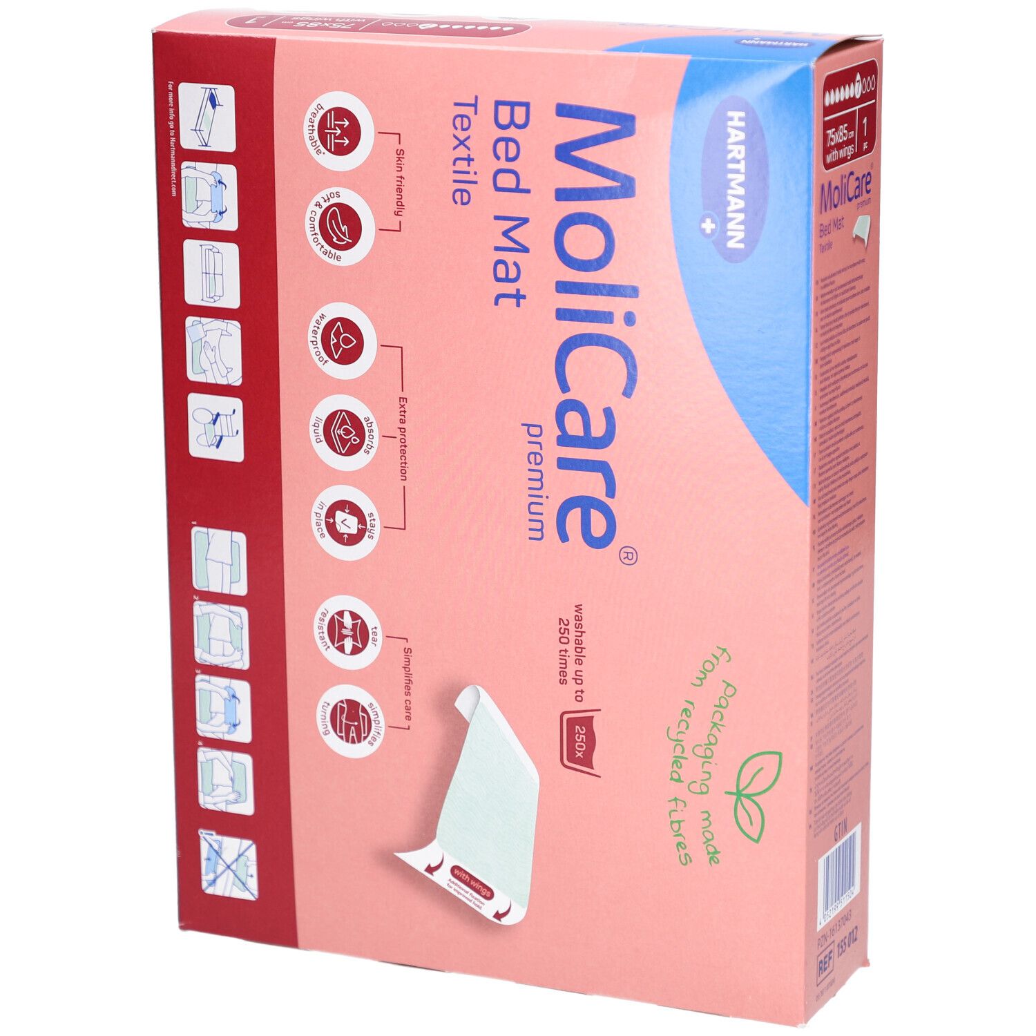 MoliCare Bed Mat Textile, 75x85 cm mit Flügeln. Verpackung mit Hartmann-Logo. Produktinformationen auf der Verpackung. Winkelansicht.