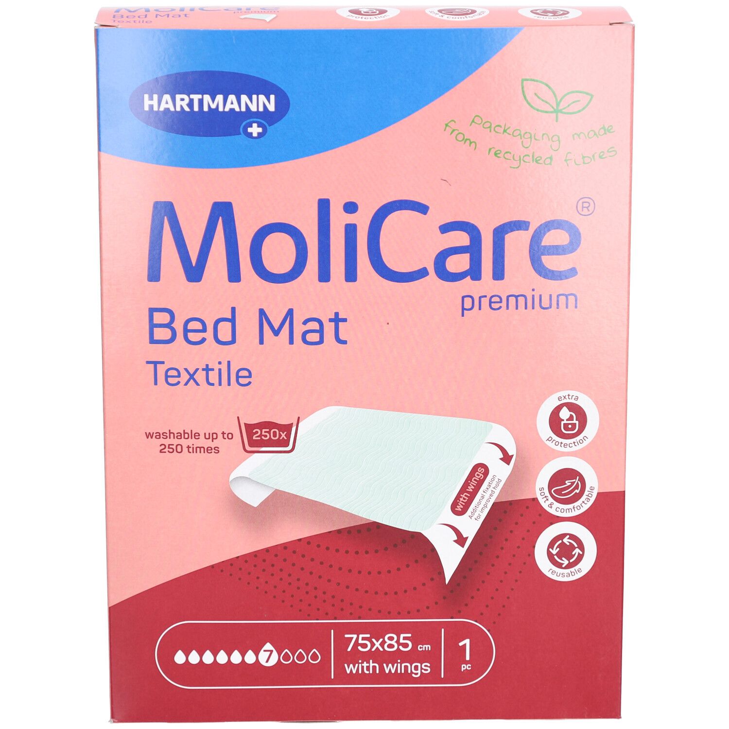 MoliCare Bed Mat Textile, 75x85 cm mit Flügeln, 7 Tropfen. Verpackung aus recycelten Fasern. Waschbar bis zu 250 Mal. Hartmann-Logo.