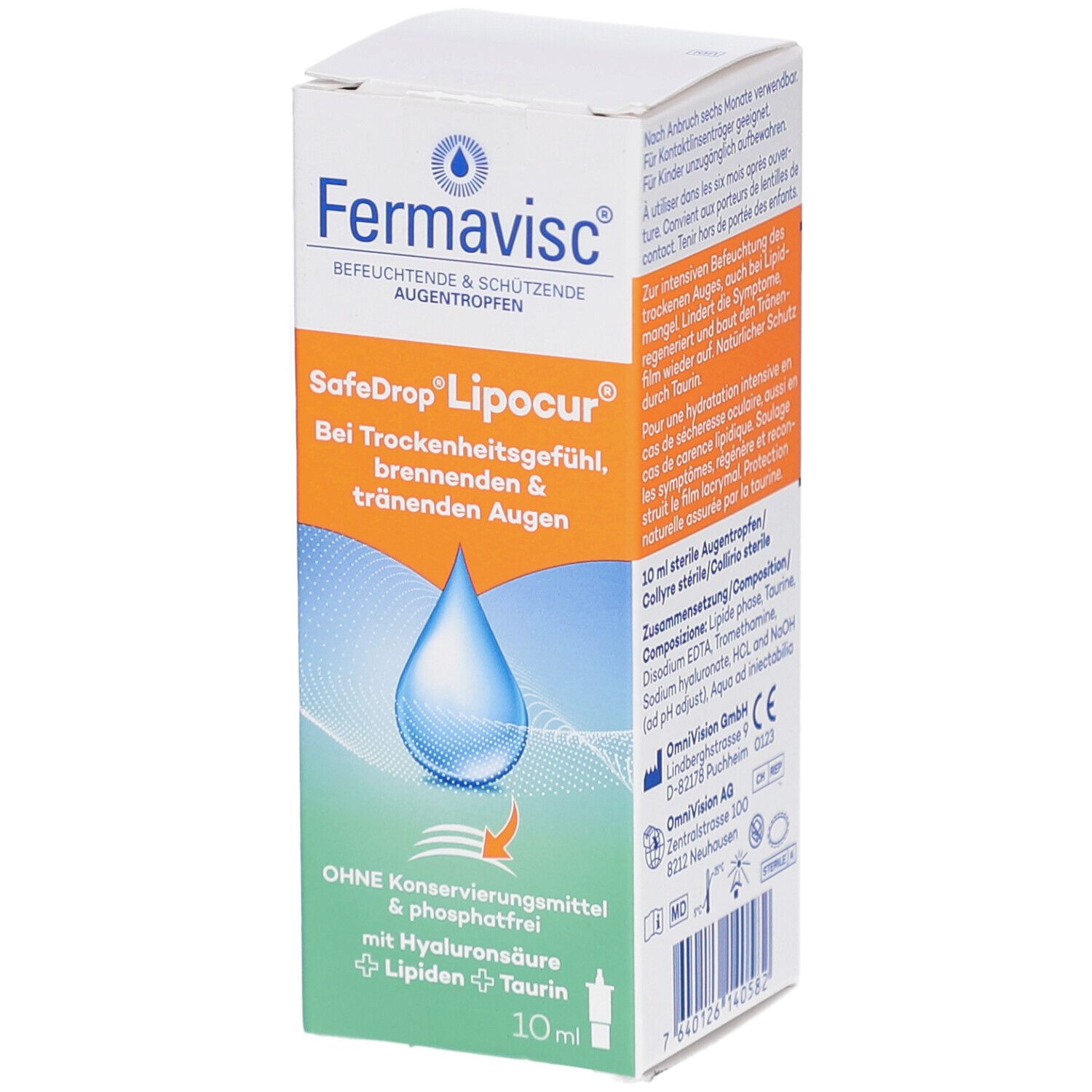 Fermavisc SafeDrop Lipocur Augentropfen-Packung. Enthält 10 ml. Aufdrucke: Ohne Konservierungsmittel, mit Hyaluronsäure, Lipiden, Taurin.