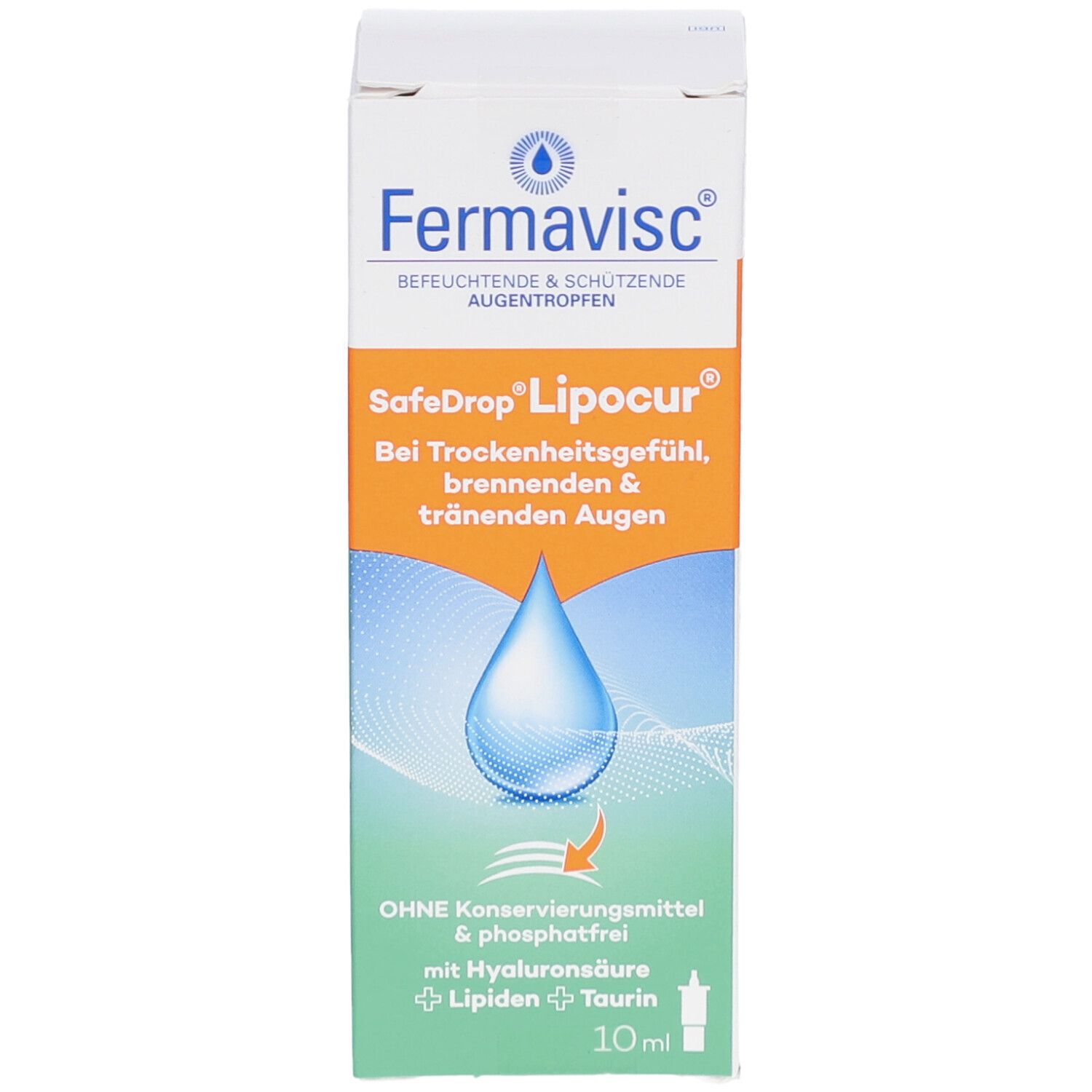 Fermavisc SafeDrop Lipocur-Packung. Enthält 10 ml. Aufdrucke: Ohne Konservierungsmittel, mit Hyaluronsäure, Lipiden, Taurin. Tropfensymbol.