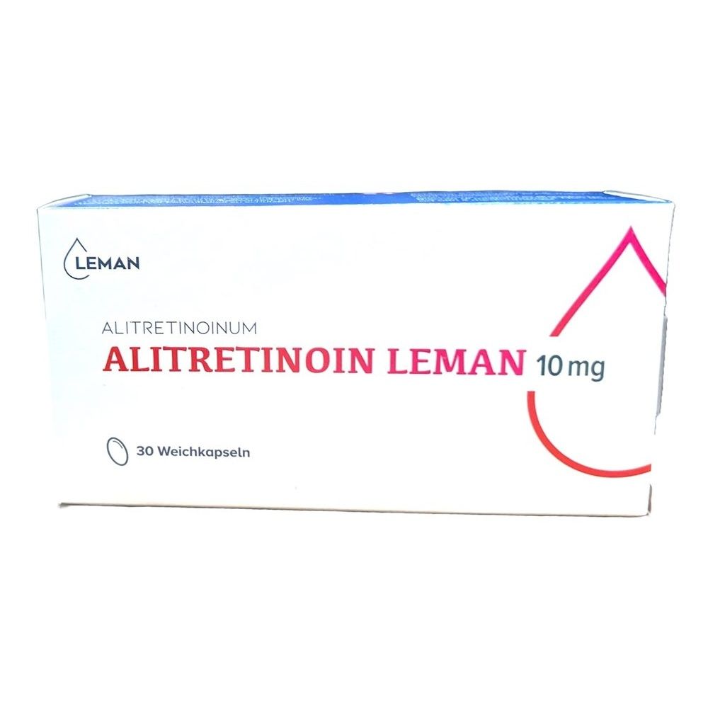 Weichkapseln-Packung. Aufschrift: ALITRETINOIN LEMAN 10 mg, 30 Weichkapseln. Marke: Leman. Weißer Karton mit rosa und roter Grafik.