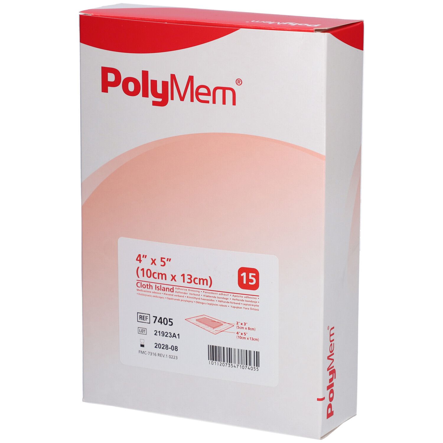 Verpackung von PolyMem Heftpflaster. Aufdruck: 4" x 5" (10cm x 13cm), 15 Stück. Produktinformationen und Barcode.