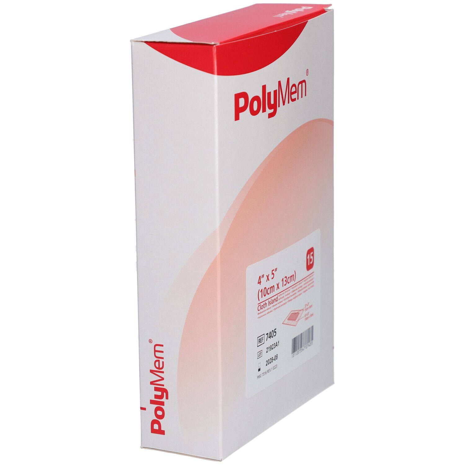PolyMem-Verpackung, schräg. Aufdruck: PolyMem, 4" x 5" (10cm x 13cm), 15 Stück. Produktinformationen und Barcode.