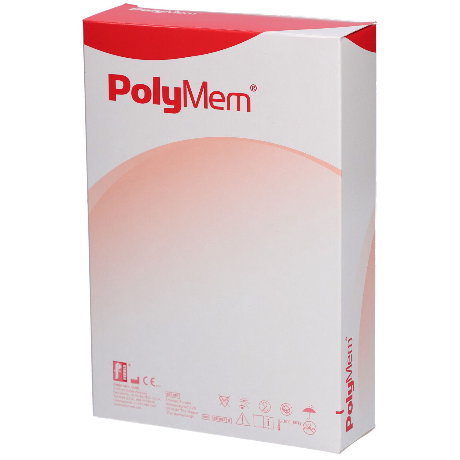 PolyMem-Verpackung. Aufdruck: PolyMem. Produktinformationen und Symbole. Rote und weiße Farbgebung.