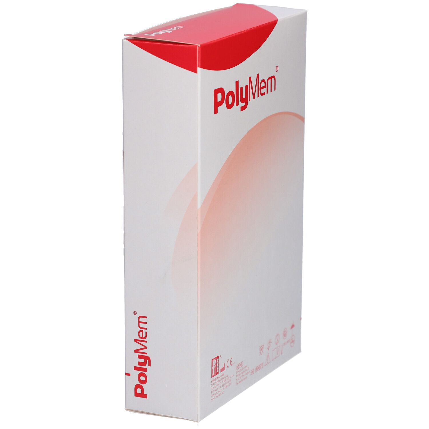 PolyMem-Verpackung, schräg. Aufdruck: PolyMem. Produktinformationen und Symbole. Rote und weiße Farbgebung.