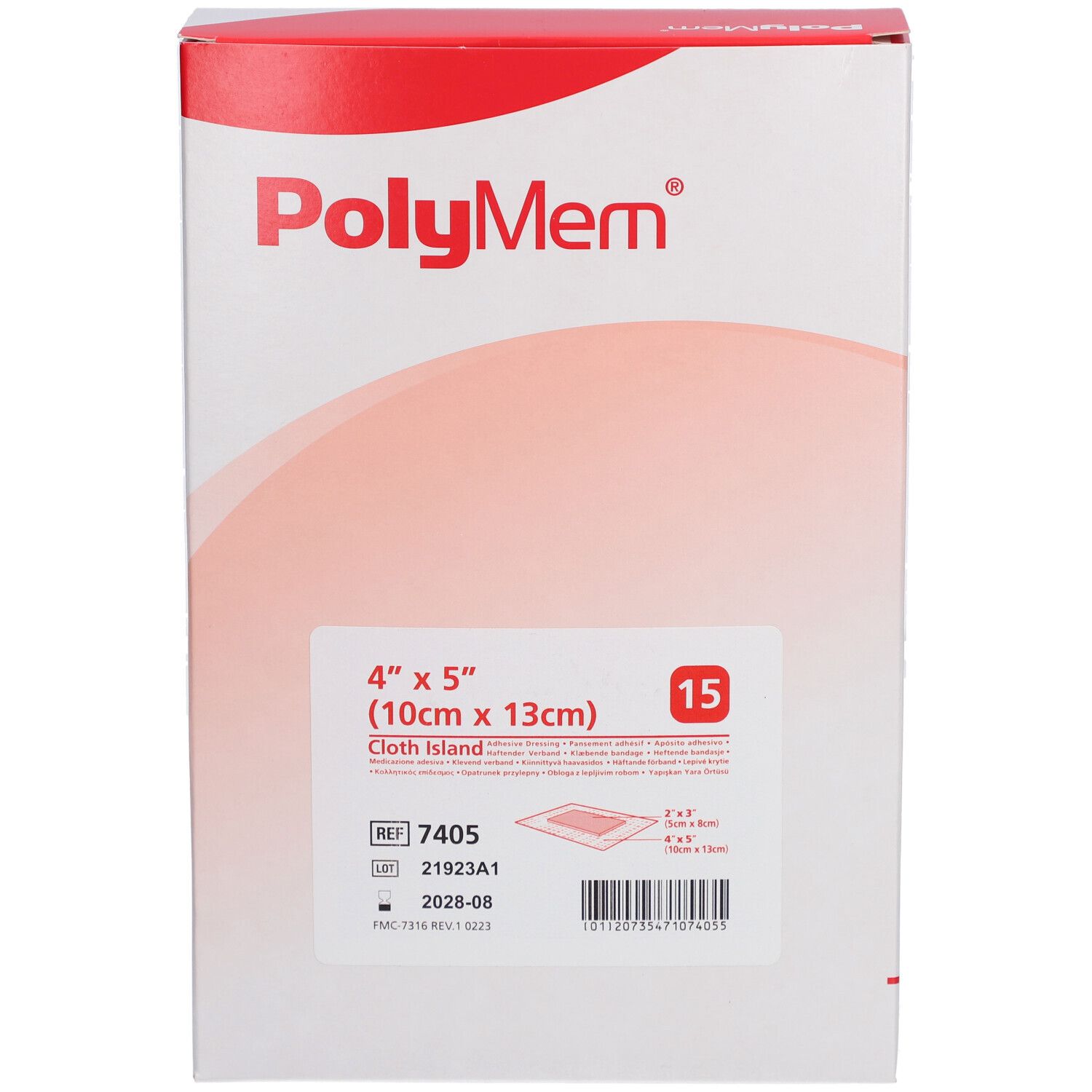 PolyMem Heftpflaster-Verpackung. Aufdruck: 4" x 5" (10cm x 13cm), 15 Stück. Produktinformationen und Barcode.